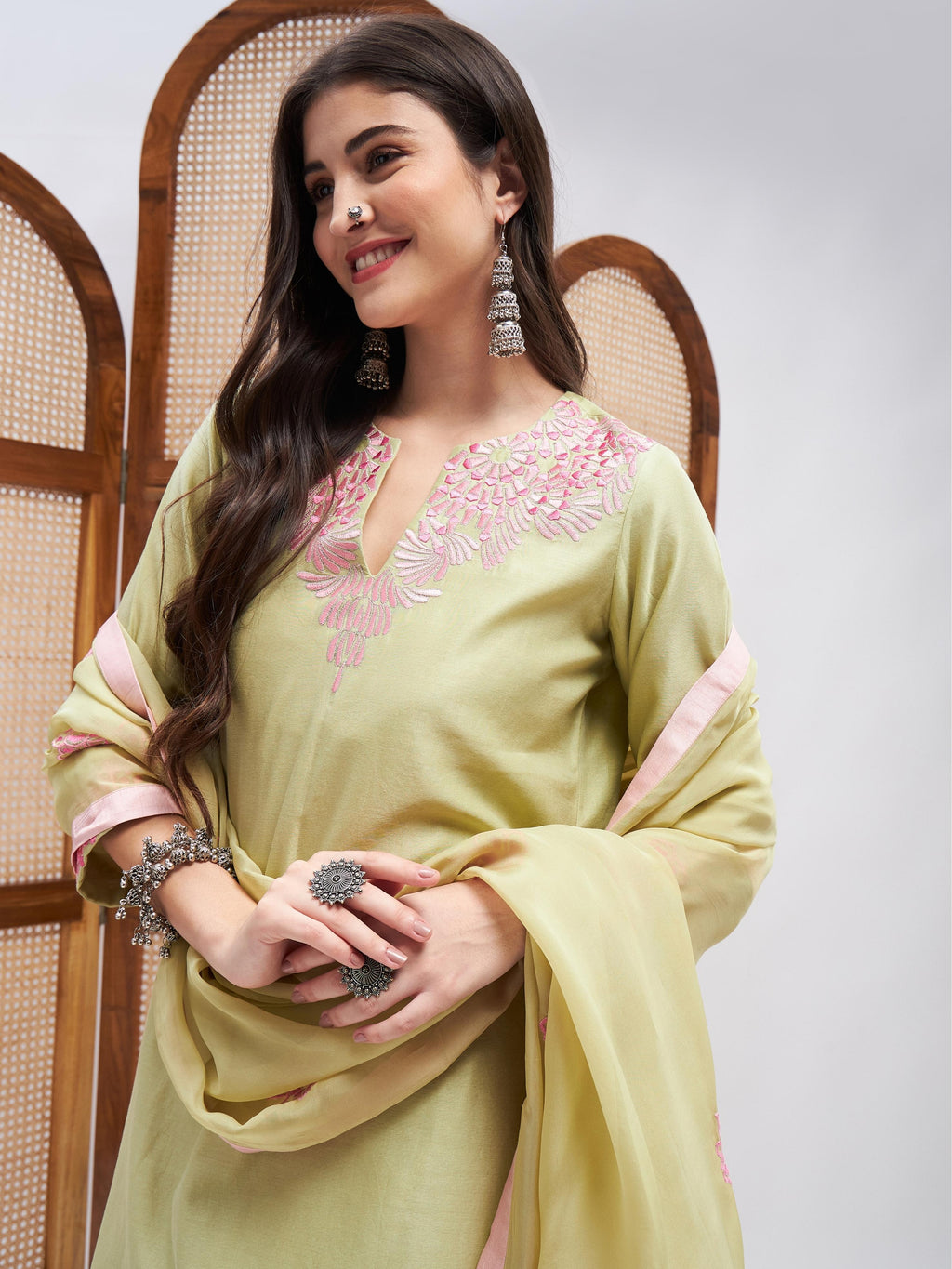 Green Cotton Mulmul Kurta Set with Dupatta at Kamakhyaa by RoohbyRidhimaa. This item is Chanderi Silk, Cotton Mulmul, Dupattas, Festive Wear, Green, Kurta Set with Dupattas, Kurta Sets, Organza, Regular Fit, Resham Embroidered, Silk Chanderi, Toxin free