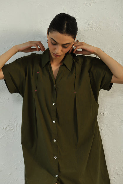 Green Cotton Poplin Mini Dress at Kamakhyaa by Canoopi. This item is Canoopi, Casual Wear, Dresses, Green, Natural, Poplin, Regular Fit, Shirt Dresses, Solids, Womenswear