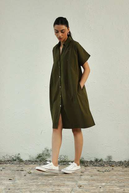 Green Cotton Poplin Mini Dress at Kamakhyaa by Canoopi. This item is Canoopi, Casual Wear, Dresses, Green, Natural, Poplin, Regular Fit, Shirt Dresses, Solids, Womenswear