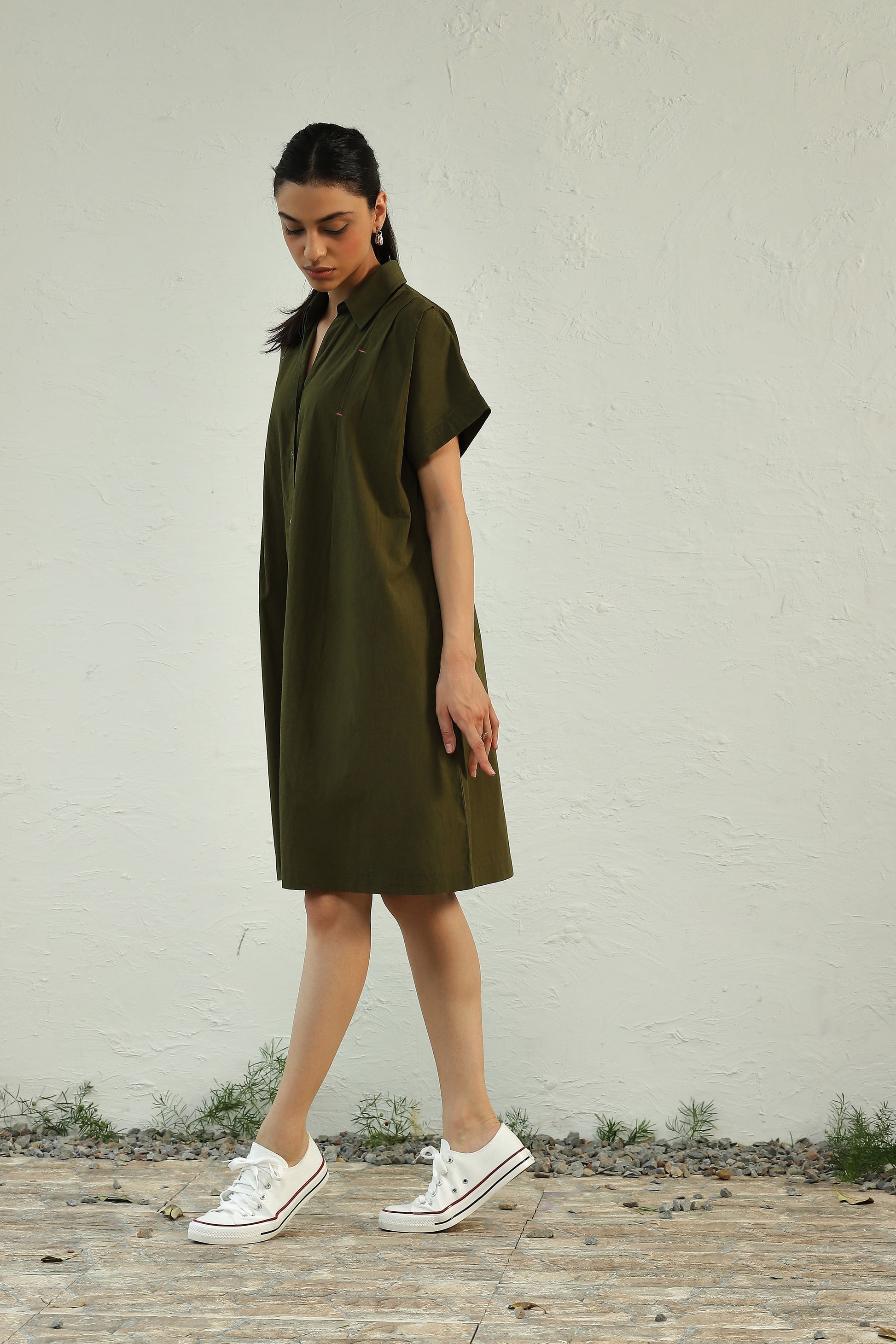 Green Cotton Poplin Mini Dress at Kamakhyaa by Canoopi. This item is Canoopi, Casual Wear, Dresses, Green, Natural, Poplin, Regular Fit, Shirt Dresses, Solids, Womenswear