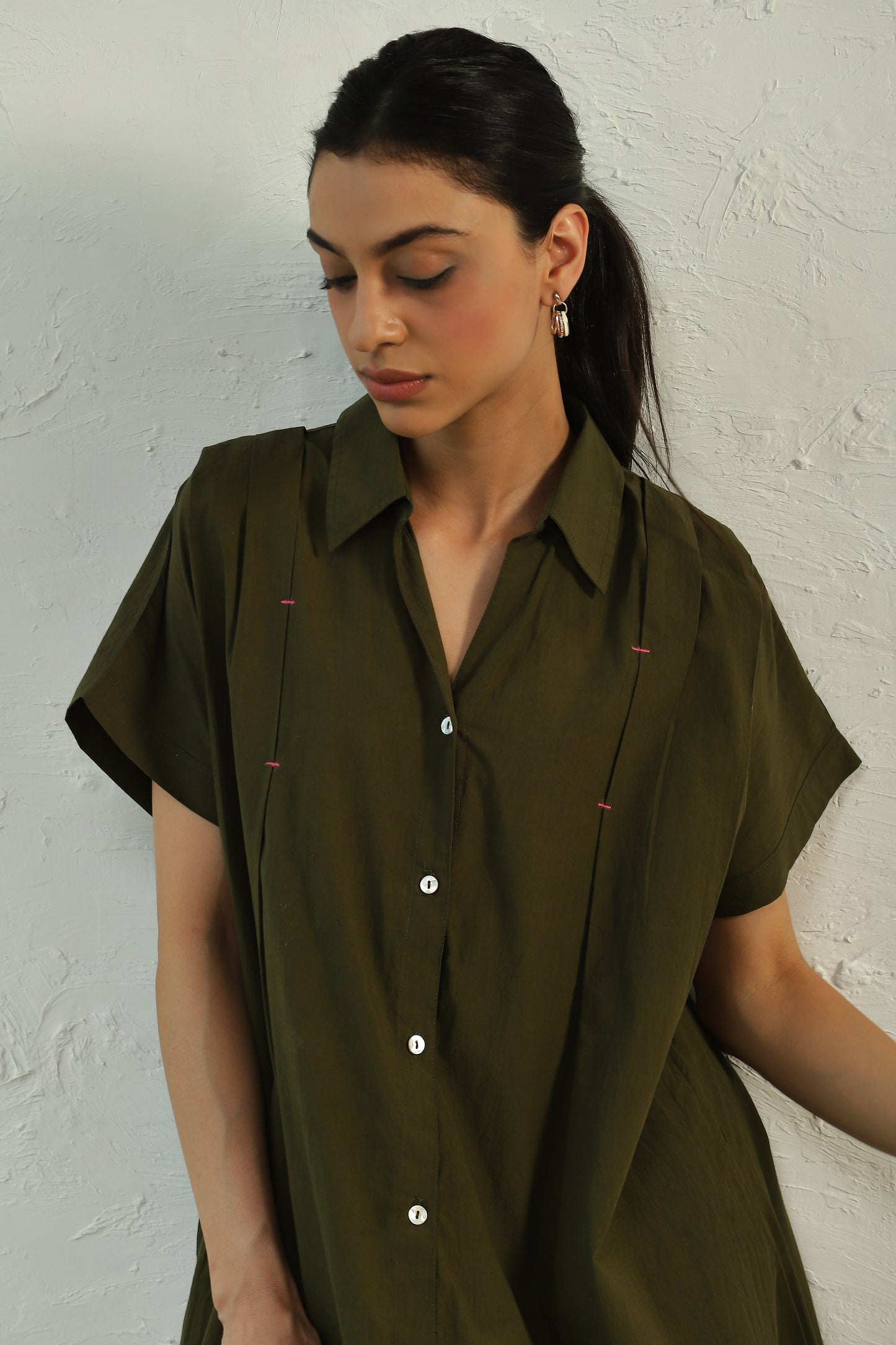 Green Cotton Poplin Mini Dress at Kamakhyaa by Canoopi. This item is Canoopi, Casual Wear, Dresses, Green, Natural, Poplin, Regular Fit, Shirt Dresses, Solids, Womenswear