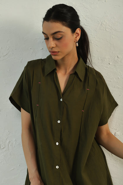 Green Cotton Poplin Mini Dress at Kamakhyaa by Canoopi. This item is Canoopi, Casual Wear, Dresses, Green, Natural, Poplin, Regular Fit, Shirt Dresses, Solids, Womenswear