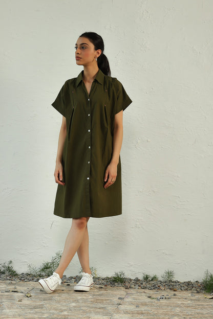 Green Cotton Poplin Mini Dress at Kamakhyaa by Canoopi. This item is Canoopi, Casual Wear, Dresses, Green, Natural, Poplin, Regular Fit, Shirt Dresses, Solids, Womenswear