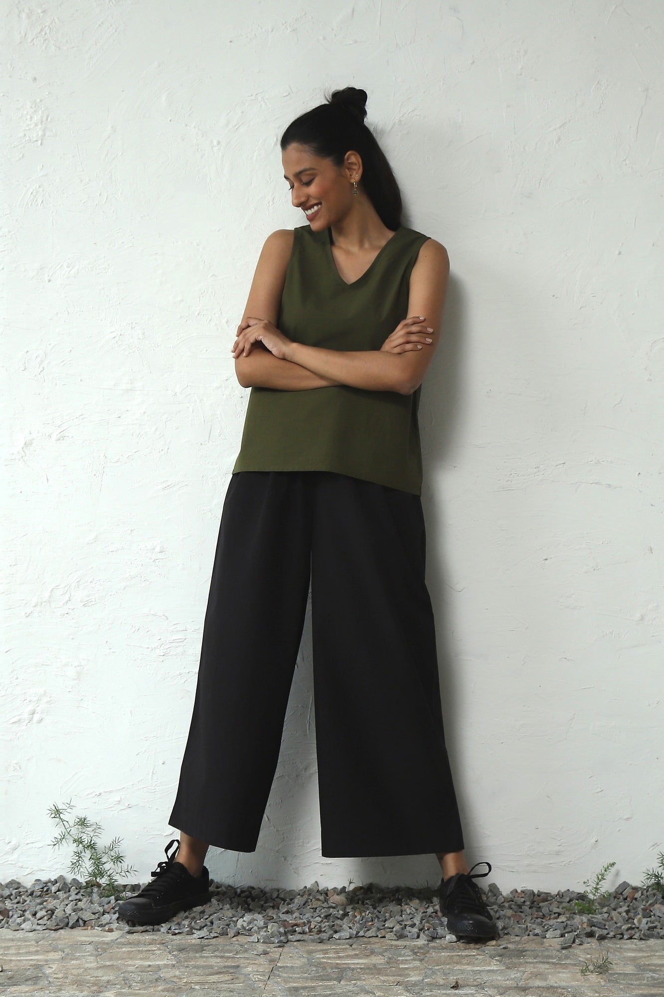 Green Cotton Poplin Sleeveless Top With Black Bottom Co-Ord Set at Kamakhyaa by Canoopi. This item is Black, Canoopi, Casual Wear, Complete Sets, Green, Natural, Poplin, Regular Fit, Solids, Vacation Co-ords, Womenswear