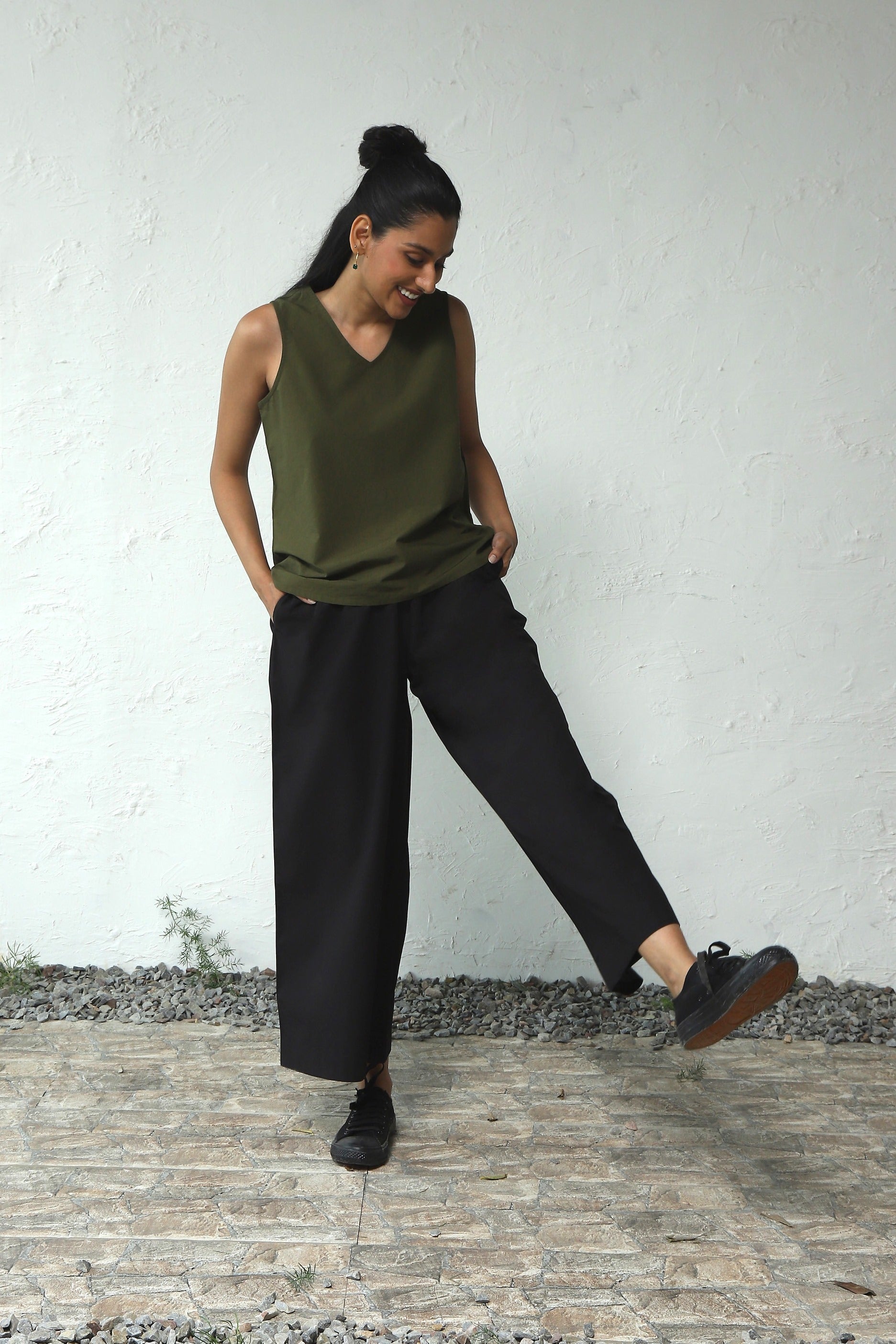 Green Cotton Poplin Sleeveless Top With Black Bottom Co-Ord Set at Kamakhyaa by Canoopi. This item is Black, Canoopi, Casual Wear, Complete Sets, Green, Natural, Poplin, Regular Fit, Solids, Vacation Co-ords, Womenswear