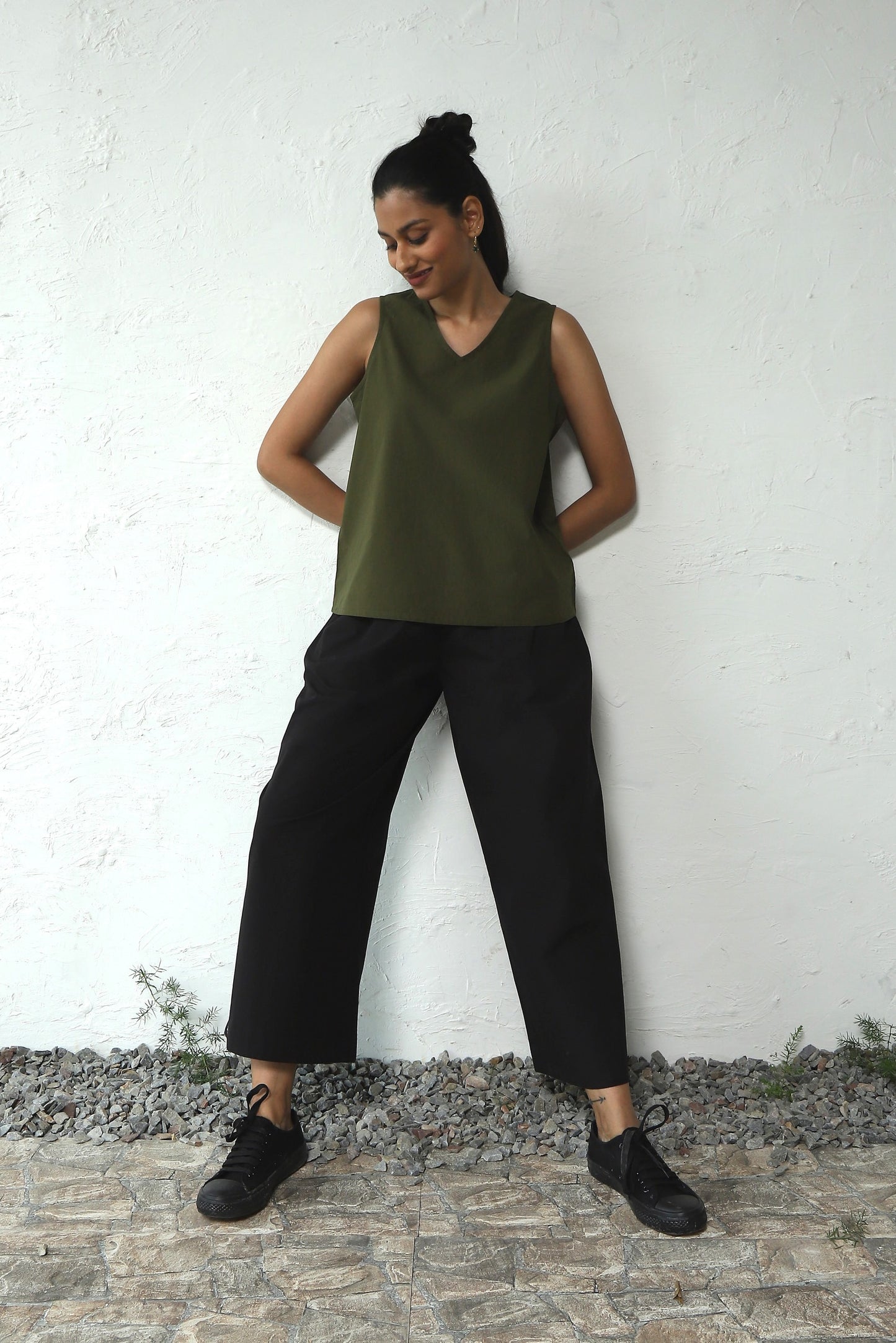 Green Cotton Poplin Sleeveless Top With Black Bottom Co-Ord Set at Kamakhyaa by Canoopi. This item is Black, Canoopi, Casual Wear, Complete Sets, Green, Natural, Poplin, Regular Fit, Solids, Vacation Co-ords, Womenswear