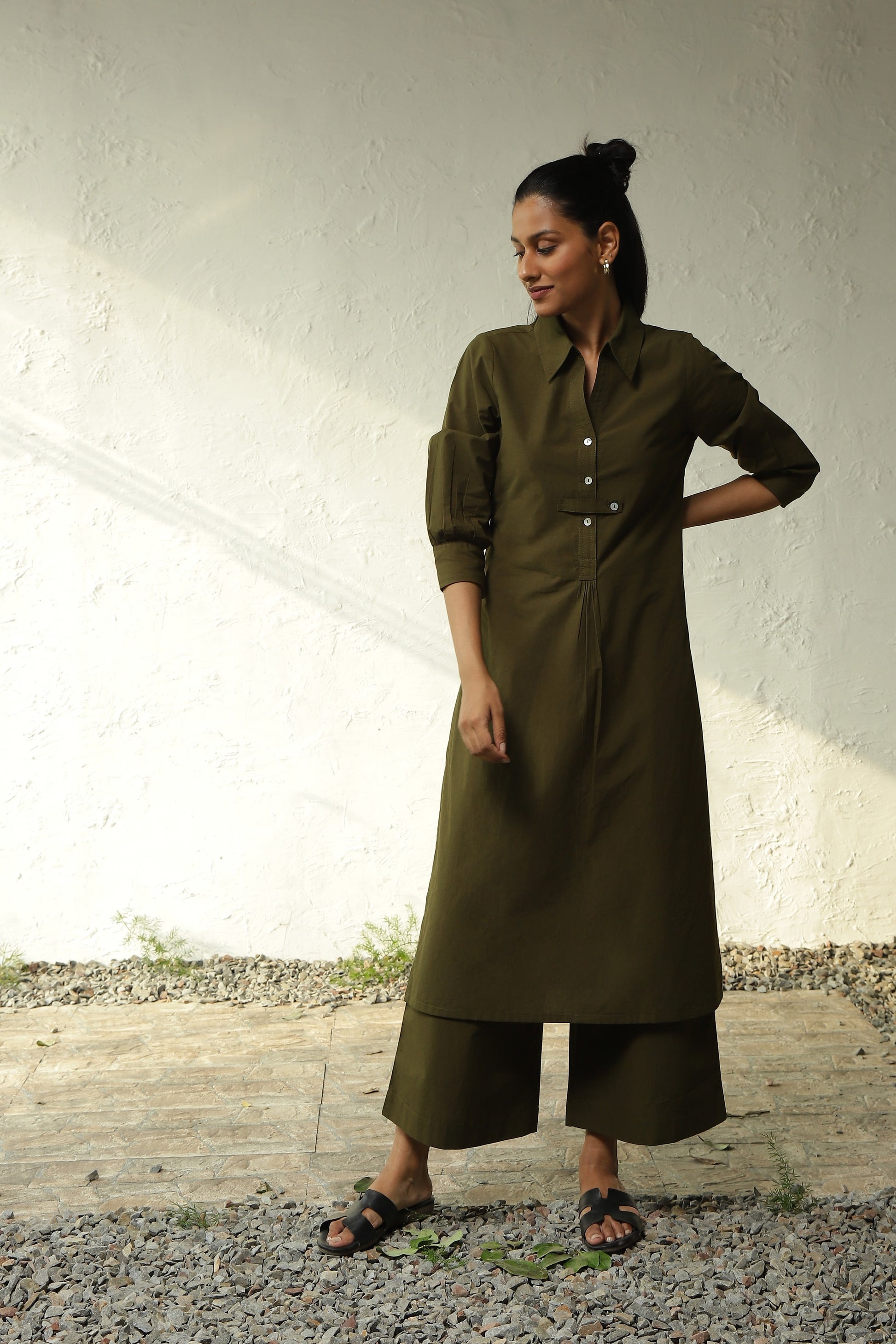 Green Cotton Poplin Tunic Co-ord Set at Kamakhyaa by Canoopi. This item is Canoopi, Casual Wear, Green, Indian Wear, Kurta Palazzo Sets, Natural, Poplin, Regular Fit, Solids, Womenswear