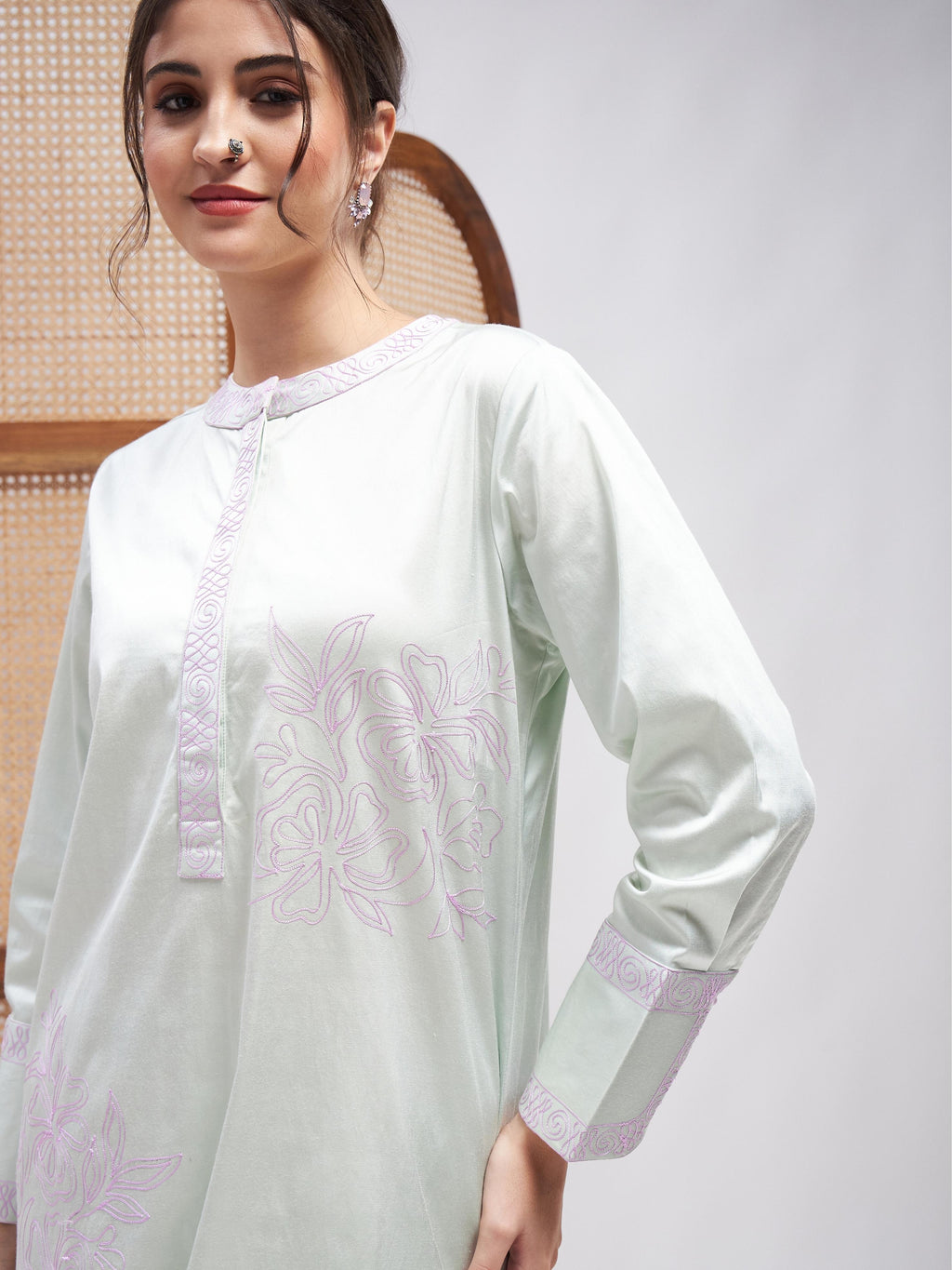 Green Cotton Satin Kurta Set at Kamakhyaa by RoohbyRidhimaa. This item is Casual Wear, Cotton, Cotton Satin, Embroidered, Green, Kurta Sets, Relaxed Fit, Resham, Resham Embroidered, Satin, Toxin free