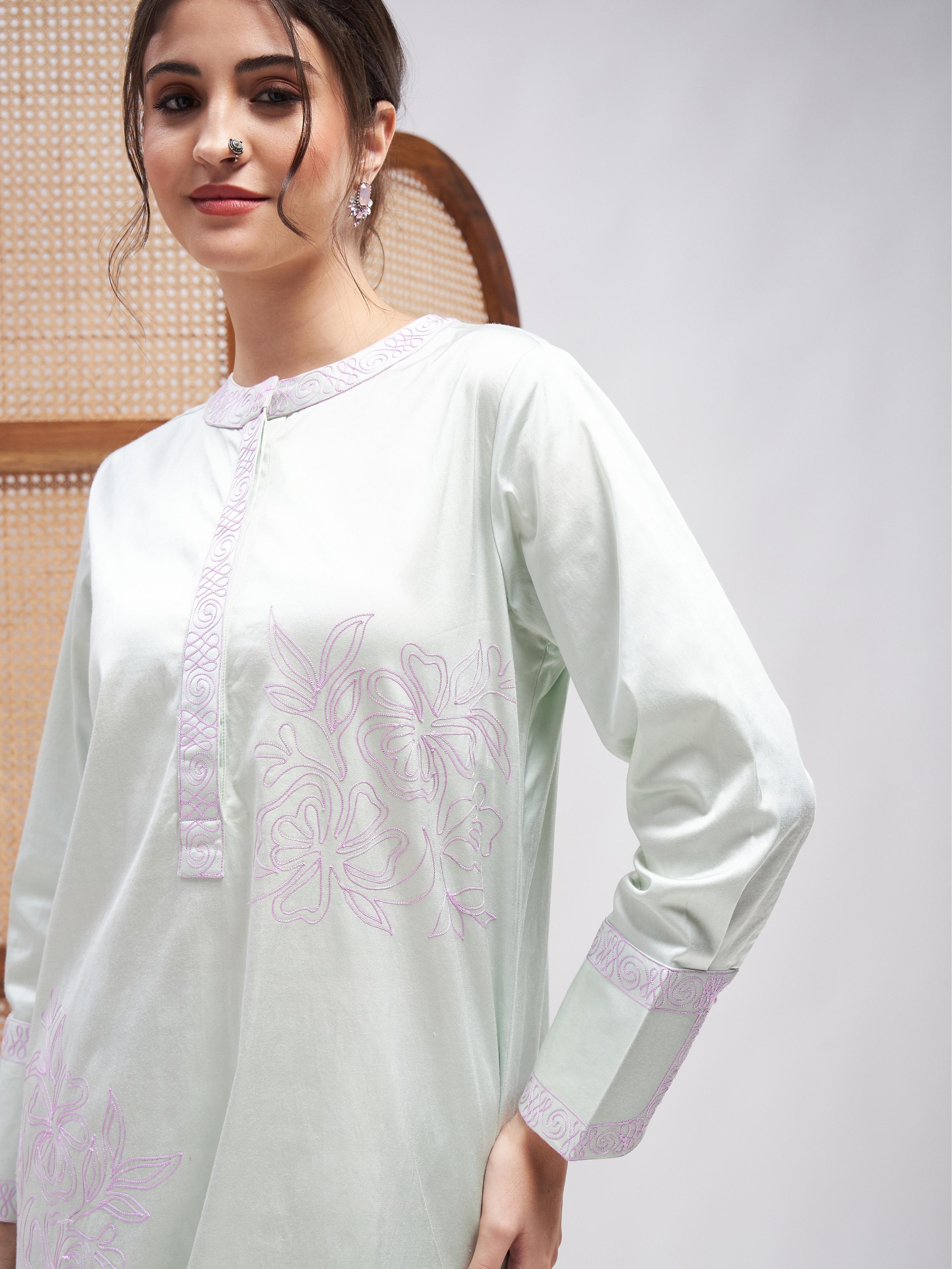 Green Cotton Satin Kurta Set at Kamakhyaa by RoohbyRidhimaa. This item is Casual Wear, Cotton, Cotton Satin, Embroidered, Green, Kurta Sets, Relaxed Fit, Resham, Resham Embroidered, Satin, Toxin free