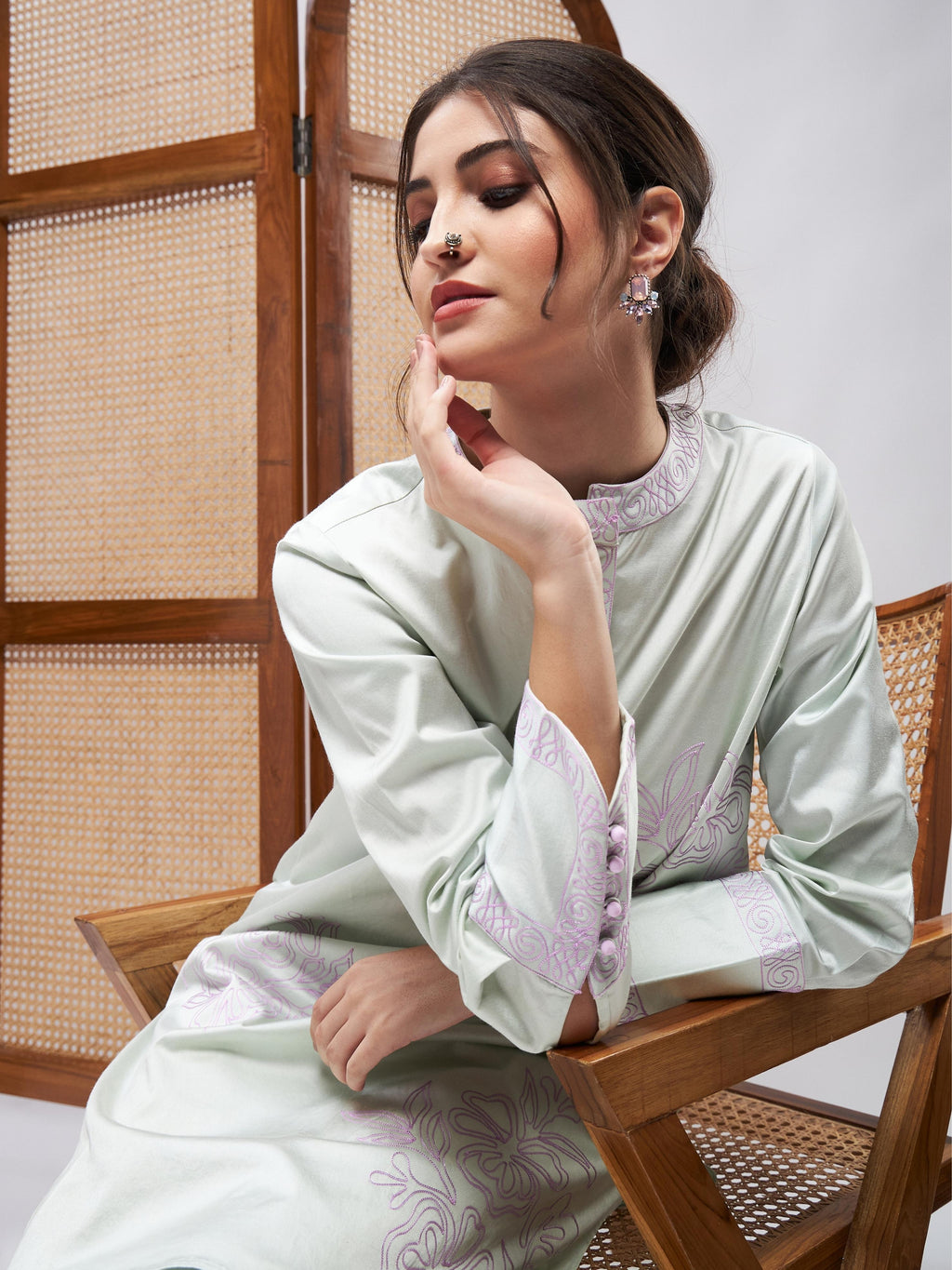 Green Cotton Satin Kurta Set at Kamakhyaa by RoohbyRidhimaa. This item is Casual Wear, Cotton, Cotton Satin, Embroidered, Green, Kurta Sets, Relaxed Fit, Resham, Resham Embroidered, Satin, Toxin free