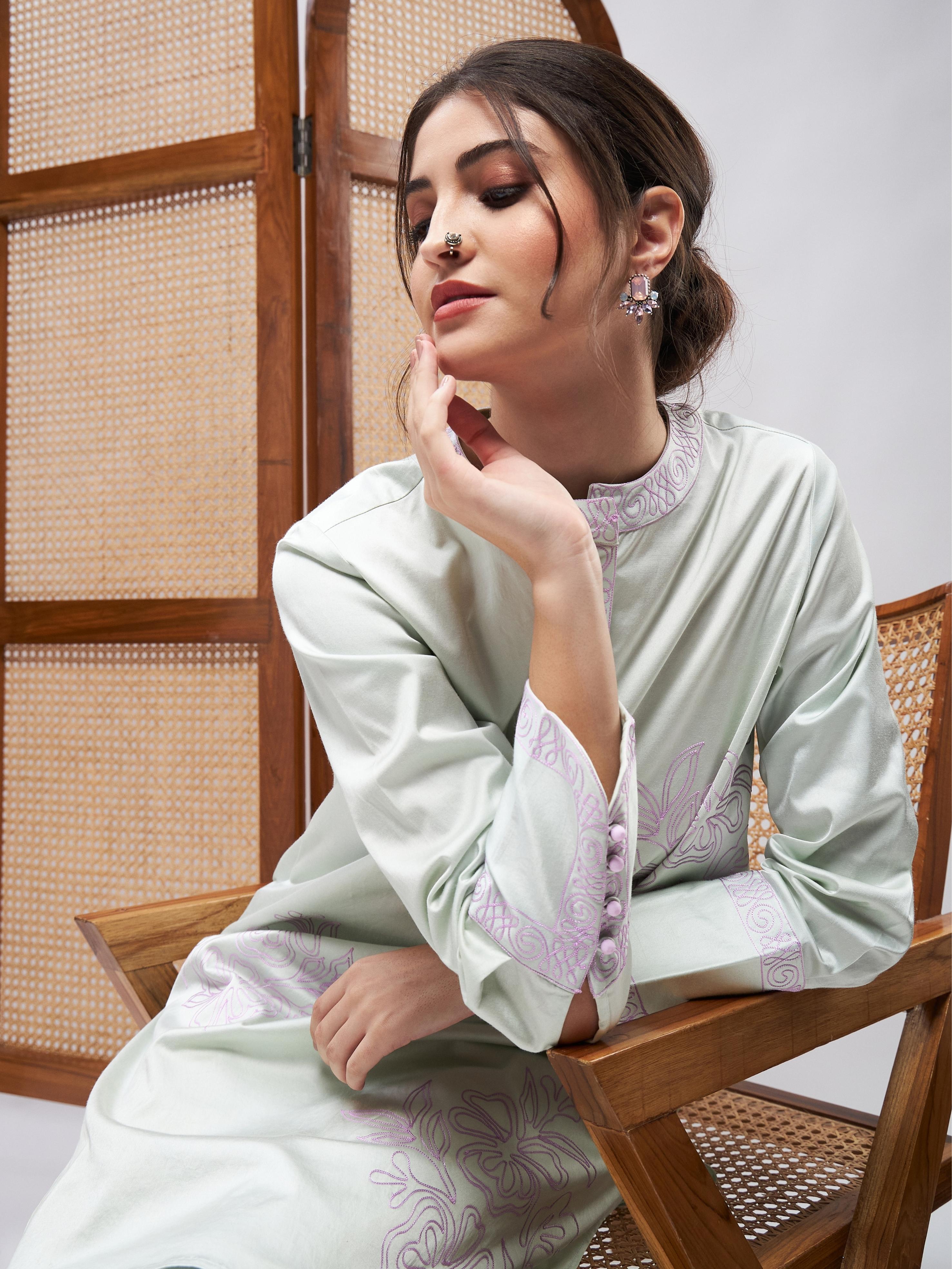 Green Cotton Satin Kurta Set at Kamakhyaa by RoohbyRidhimaa. This item is Casual Wear, Cotton, Cotton Satin, Embroidered, Green, Kurta Sets, Relaxed Fit, Resham, Resham Embroidered, Satin, Toxin free