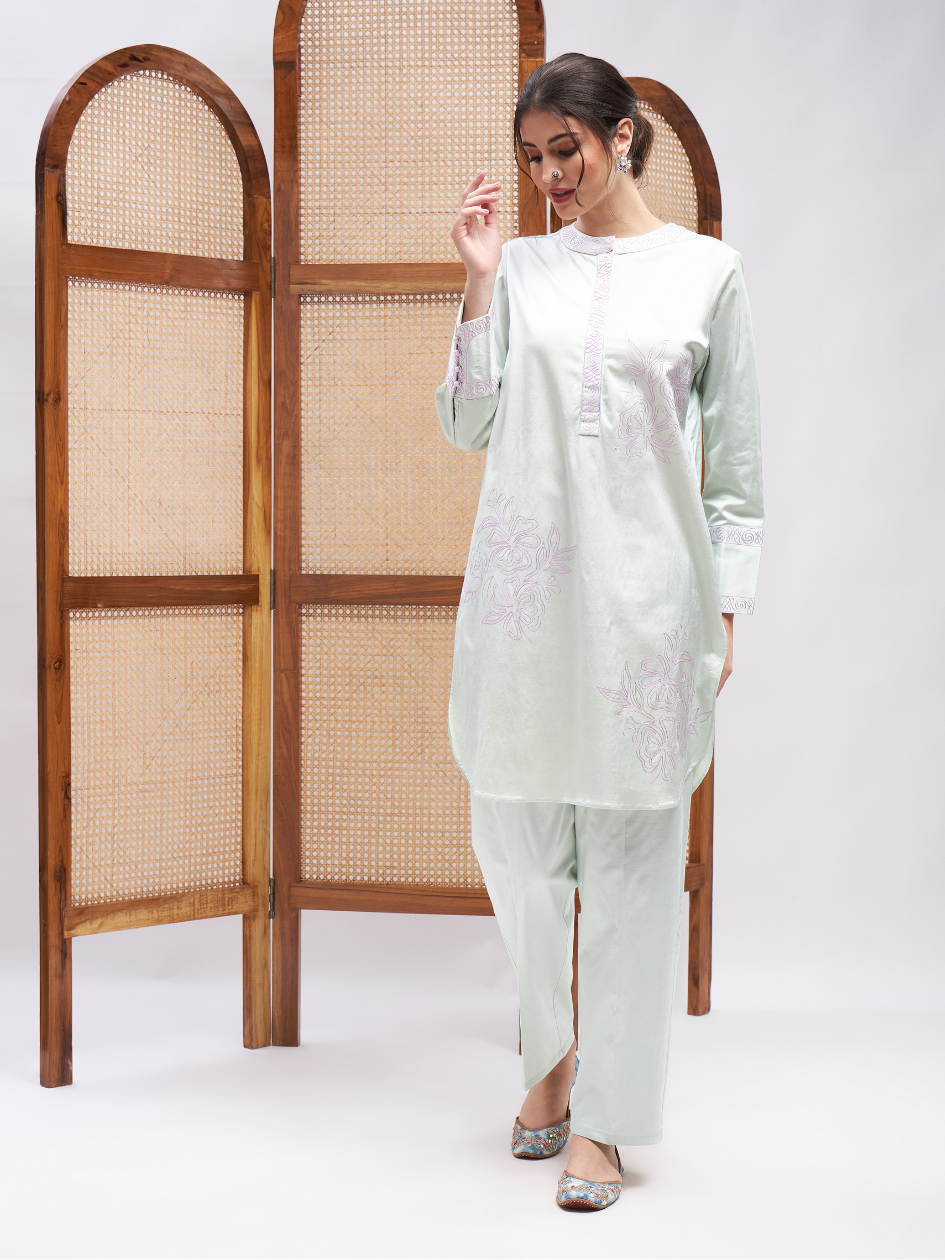 Green Cotton Satin Kurta Set at Kamakhyaa by RoohbyRidhimaa. This item is Casual Wear, Cotton, Cotton Satin, Embroidered, Green, Kurta Sets, Relaxed Fit, Resham, Resham Embroidered, Satin, Toxin free