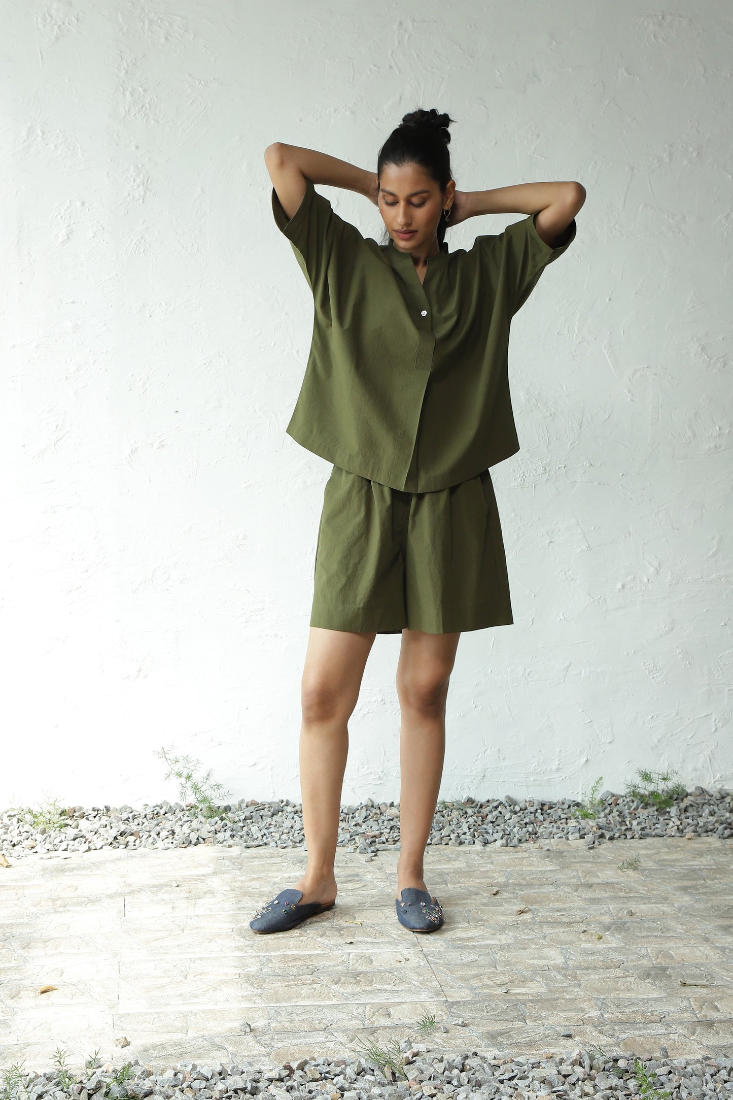 Green Cotton Shirt With Box Pleate Short Set at Kamakhyaa by Canoopi. This item is Canoopi, Casual Wear, Complete Sets, Green, Natural, Poplin, Regular Fit, Solids, Vacation Co-ords, Womenswear