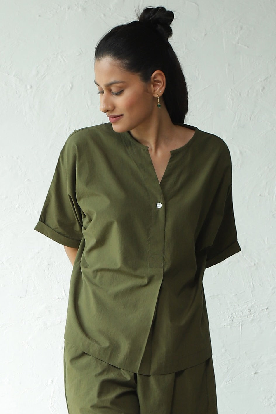 Green Cotton Shirt With Box Pleate Short Set at Kamakhyaa by Canoopi. This item is Canoopi, Casual Wear, Complete Sets, Green, Natural, Poplin, Regular Fit, Solids, Vacation Co-ords, Womenswear