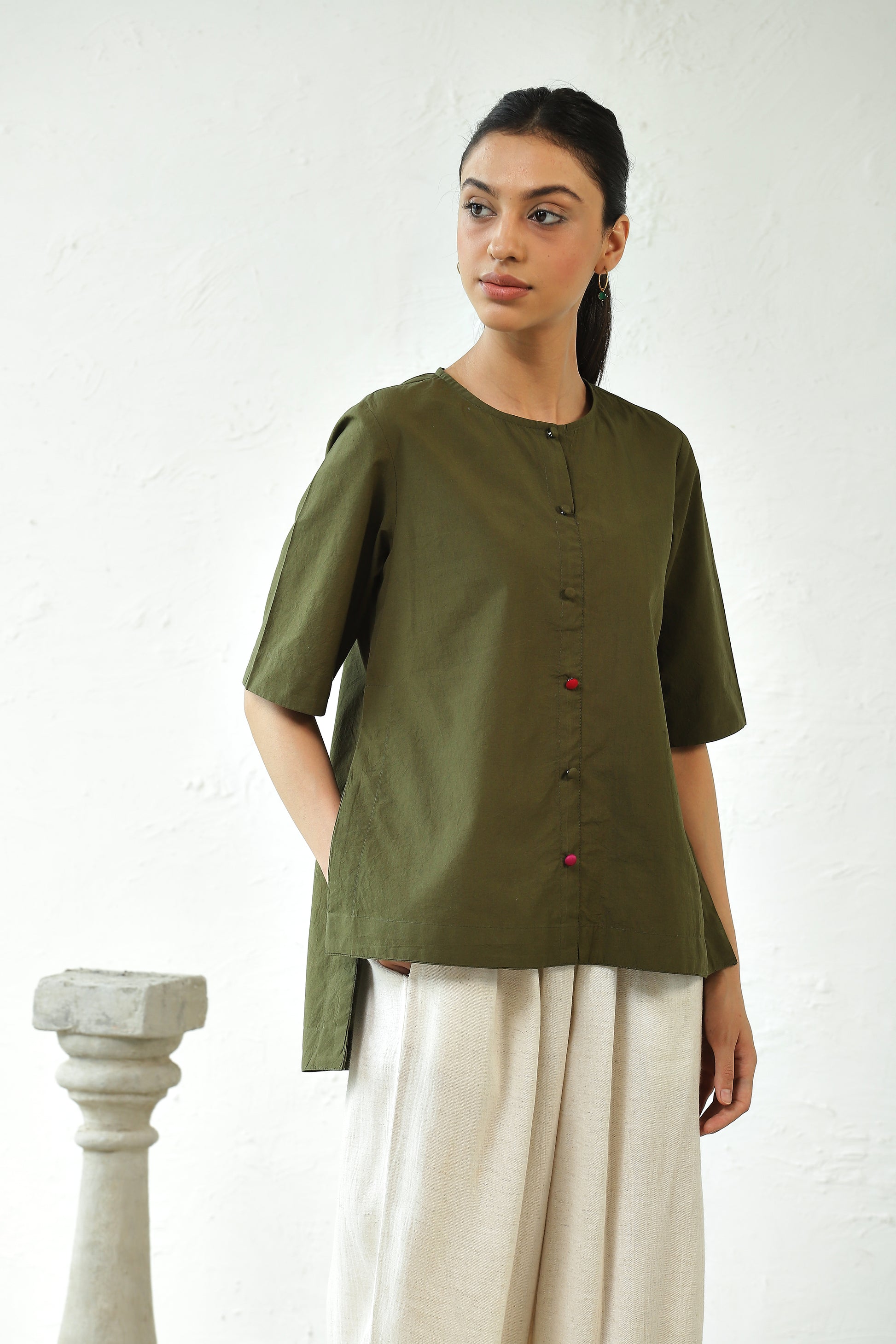 Green Cotton Top With White Rayon Pant Set at Kamakhyaa by Canoopi. This item is Canoopi, Casual Wear, Complete Sets, Green, Natural, Poplin, Rayon, Regular Fit, Solids, Vacation Co-ords, Womenswear