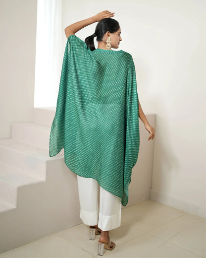 Green Crew neck Kurta Pant Set at Kamakhyaa by Mayura Kumar. This item is Bandhej, Bandhej Bandhini Mixology by Mayura Kumar, Dry clean, Festive Wear, Green, Independence, Mehendi Function, Relaxed Fit, Satin Silk, Tie-Dye