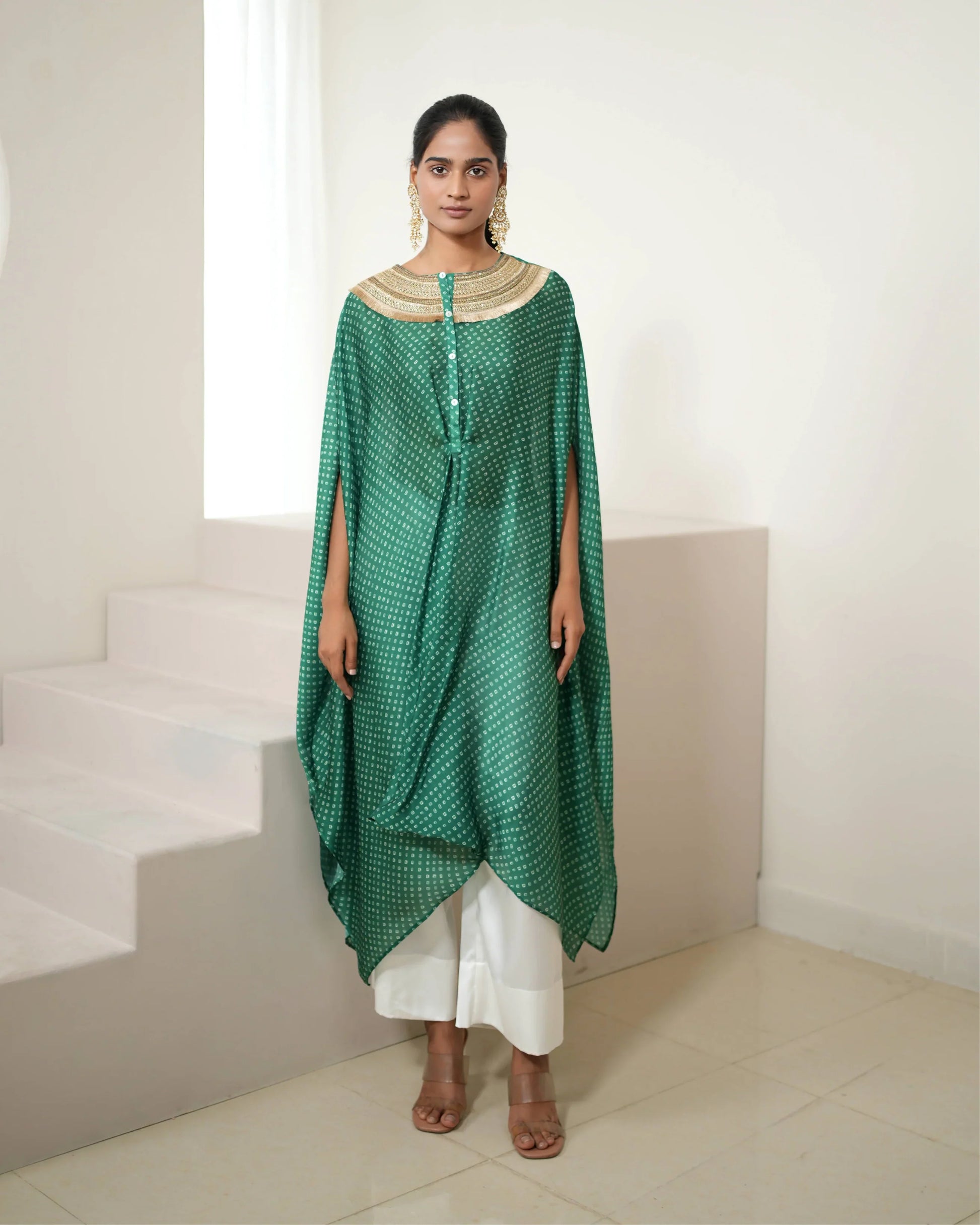 Green Crew neck Kurta Pant Set at Kamakhyaa by Mayura Kumar. This item is Bandhej, Bandhej Bandhini Mixology by Mayura Kumar, Dry clean, Festive Wear, Green, Independence, Mehendi Function, Relaxed Fit, Satin Silk, Tie-Dye