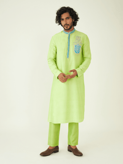 Green Festive Wear Kurta Set at Kamakhyaa by RoohbyRidhimaa. This item is Festive Wear, Green, Kurta Pant Sets, Men Kurta Pant Sets, Menswear By RoohbyRidhimaa, Qala By RoohbyRidhimaa, Regular Fit, Solids, Viscose Raw Silk