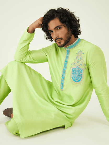 Green Festive Wear Kurta Set at Kamakhyaa by RoohbyRidhimaa. This item is Festive Wear, Green, Kurta Pant Sets, Men Kurta Pant Sets, Menswear By RoohbyRidhimaa, Qala By RoohbyRidhimaa, Regular Fit, Solids, Viscose Raw Silk