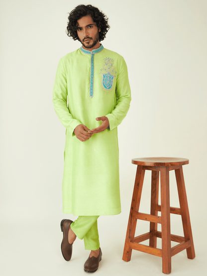 Green Festive Wear Kurta Set at Kamakhyaa by RoohbyRidhimaa. This item is Festive Wear, Green, Kurta Pant Sets, Men Kurta Pant Sets, Menswear By RoohbyRidhimaa, Qala By RoohbyRidhimaa, Regular Fit, Solids, Viscose Raw Silk