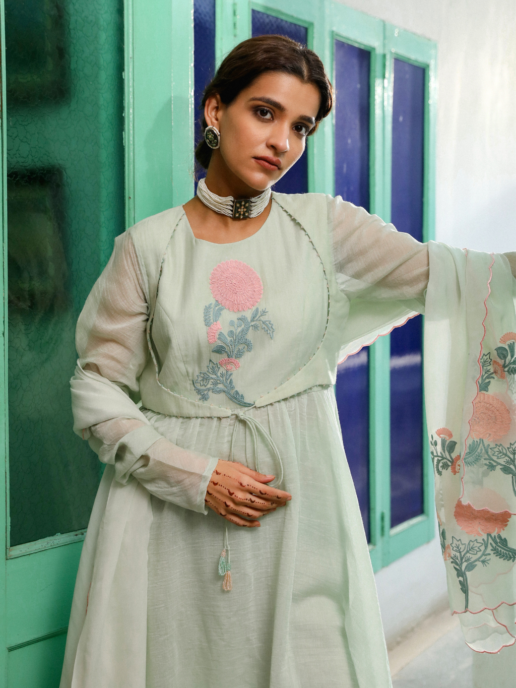 Green Festive Wear Organza Kurta Set with Dupatta at Kamakhyaa by RoohbyRidhimaa. This item is Chanderi Silk, Dupattas, Embroidered, Festive Wear, Green, Kurta Set with Dupattas, Kurta Sets, Organza, Relaxed Fit, Resham, Resham Embroidered, Silk Chanderi, Toxin free