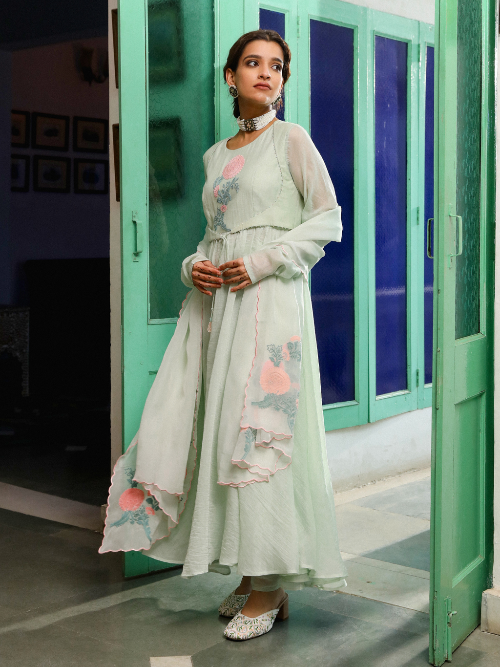 Green Festive Wear Organza Kurta Set with Dupatta at Kamakhyaa by RoohbyRidhimaa. This item is Chanderi Silk, Dupattas, Embroidered, Festive Wear, Green, Kurta Set with Dupattas, Kurta Sets, Organza, Relaxed Fit, Resham, Resham Embroidered, Silk Chanderi, Toxin free
