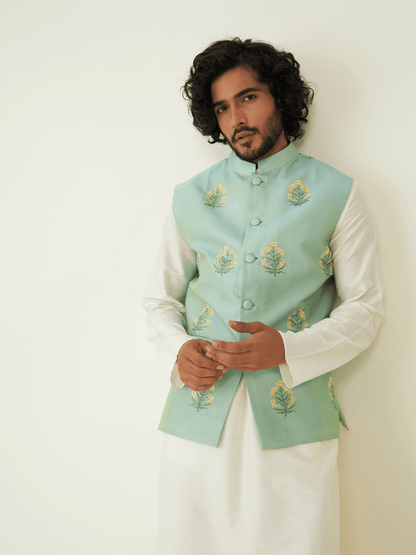 Green Festive Wear Silk Jacket at Kamakhyaa by RoohbyRidhimaa. This item is Chanderi Silk, Festive Wear, Green, Jackets, Men Jackets, Menswear By RoohbyRidhimaa, Qala By RoohbyRidhimaa, Regular Fit, Resham Embroidered, Silk Chanderi