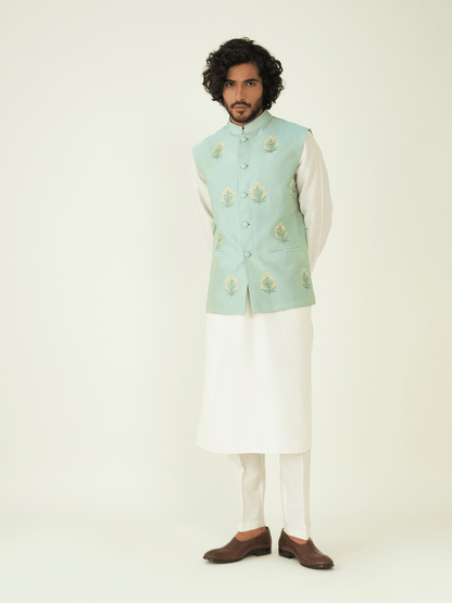 Green Festive Wear Silk Jacket at Kamakhyaa by RoohbyRidhimaa. This item is Chanderi Silk, Festive Wear, Green, Jackets, Men Jackets, Menswear By RoohbyRidhimaa, Qala By RoohbyRidhimaa, Regular Fit, Resham Embroidered, Silk Chanderi