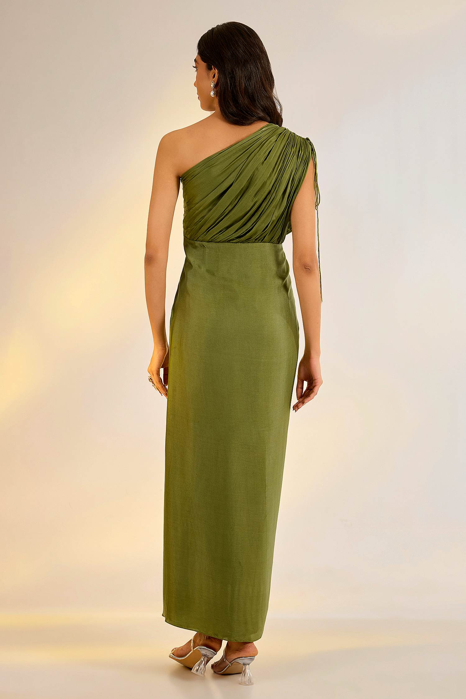 Green Georgette One Shoulder Cowl Draped Dress with Satin Beads, Pearls, Embroidery at Kamakhyaa by Ewoke. This item is cowl neck, dress, Festive Fits by Ewoke, Georgette, In Her Element, Nostalgia's Thread by Ewoke, sustainable fashion, Under $200, White, white dress