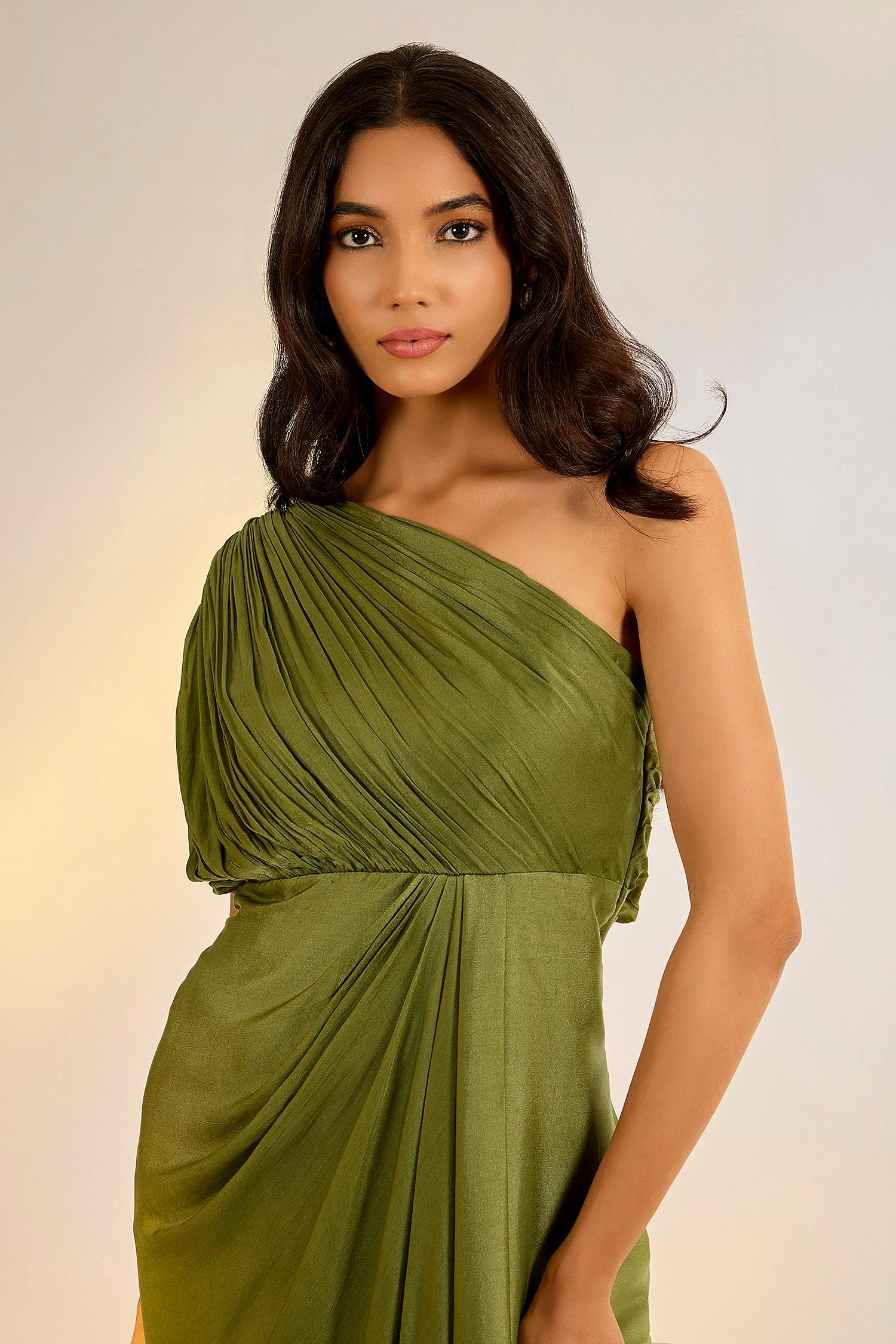 Green Georgette One Shoulder Cowl Draped Dress with Satin Beads, Pearls, Embroidery at Kamakhyaa by Ewoke. This item is cowl neck, dress, Festive Fits by Ewoke, Georgette, In Her Element, Nostalgia's Thread by Ewoke, sustainable fashion, Under $200, White, white dress