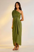 Green Georgette One Shoulder Cowl Draped Dress with Satin Beads, Pearls, Embroidery at Kamakhyaa by Ewoke. This item is cowl neck, dress, Festive Fits by Ewoke, Georgette, In Her Element, Nostalgia's Thread by Ewoke, sustainable fashion, Under $200, White, white dress