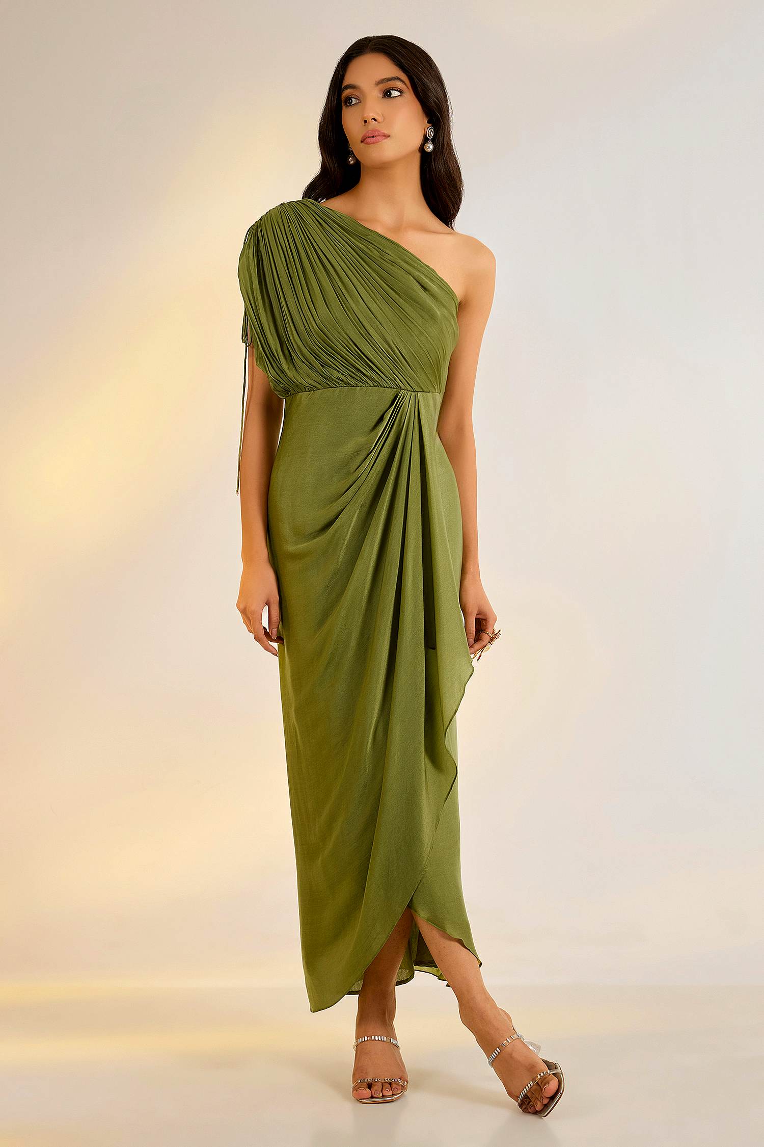 Green Georgette One Shoulder Cowl Draped Dress with Satin Beads, Pearls, Embroidery at Kamakhyaa by Ewoke. This item is cowl neck, dress, Festive Fits by Ewoke, Georgette, In Her Element, Nostalgia's Thread by Ewoke, sustainable fashion, Under $200, White, white dress