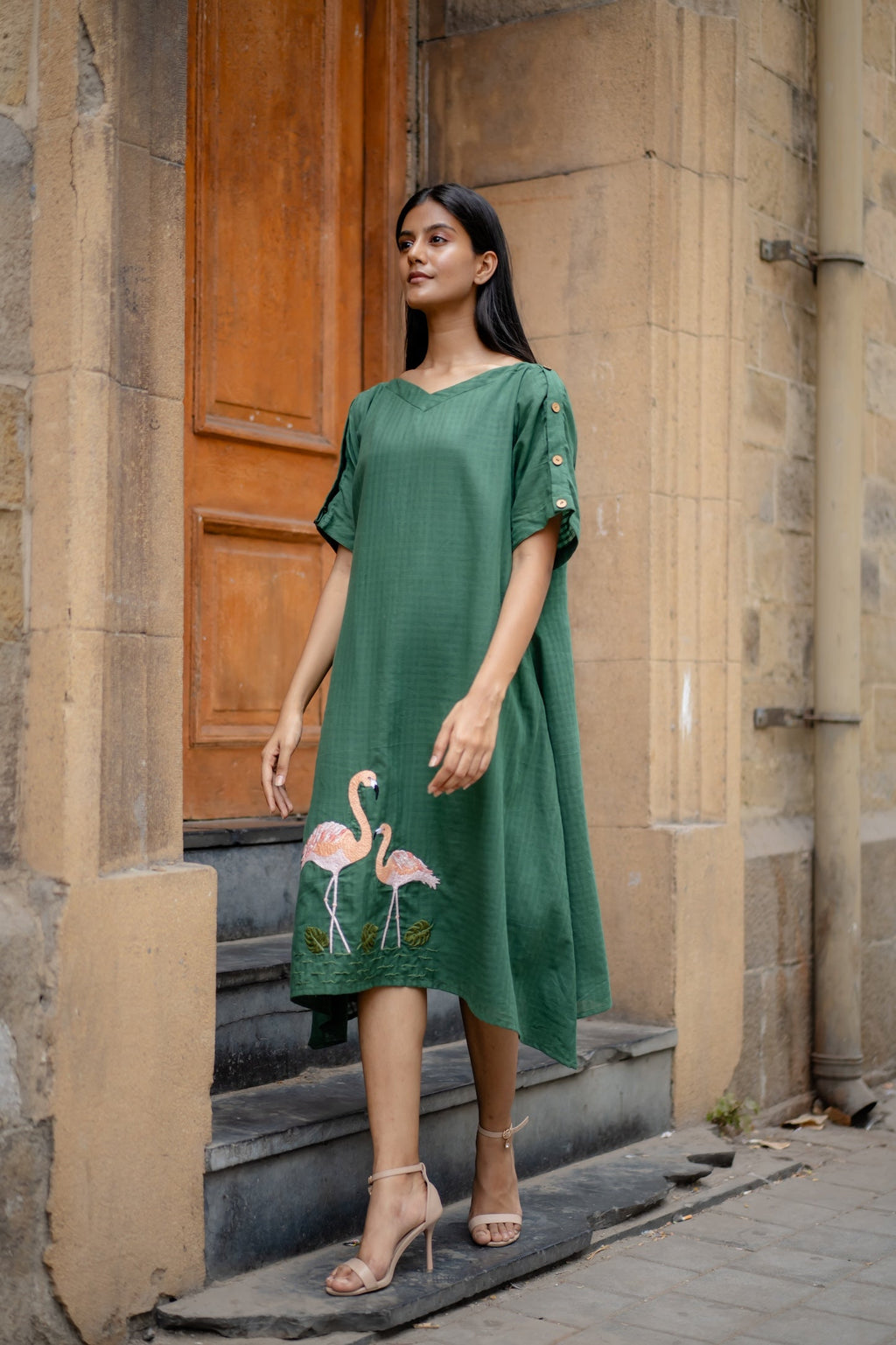 Green Hand-Embroidered A-Line Dress at Kamakhyaa by Krushnachuda. This item is Chilika by Krushnachuda, Embroidered, Green, Handloom Cotton, Loose Fit, Natural Dye, Organic, Outerwear, Under $200, Womenswear