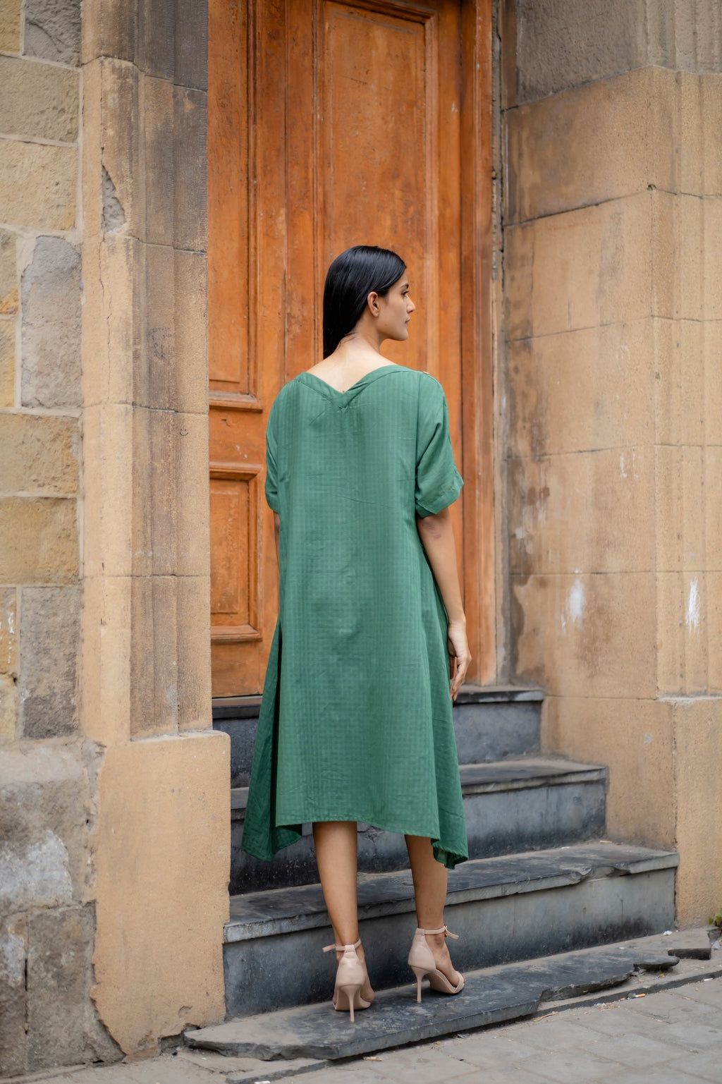 Green Hand-Embroidered A-Line Dress at Kamakhyaa by Krushnachuda. This item is Chilika by Krushnachuda, Embroidered, Green, Handloom Cotton, Loose Fit, Natural Dye, Organic, Outerwear, Under $200, Womenswear