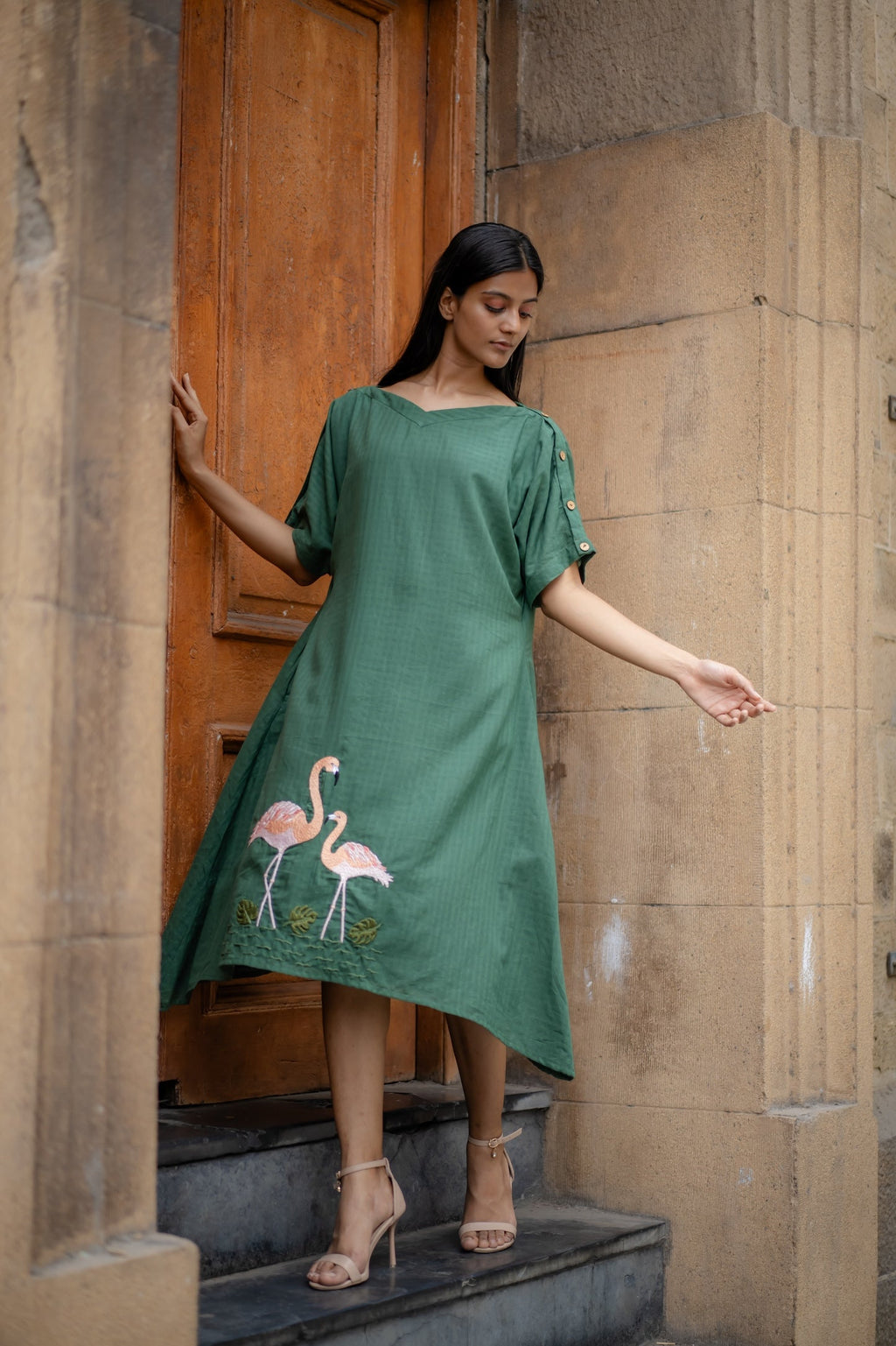 Green Hand-Embroidered A-Line Dress at Kamakhyaa by Krushnachuda. This item is Chilika by Krushnachuda, Embroidered, Green, Handloom Cotton, Loose Fit, Natural Dye, Organic, Outerwear, Under $200, Womenswear