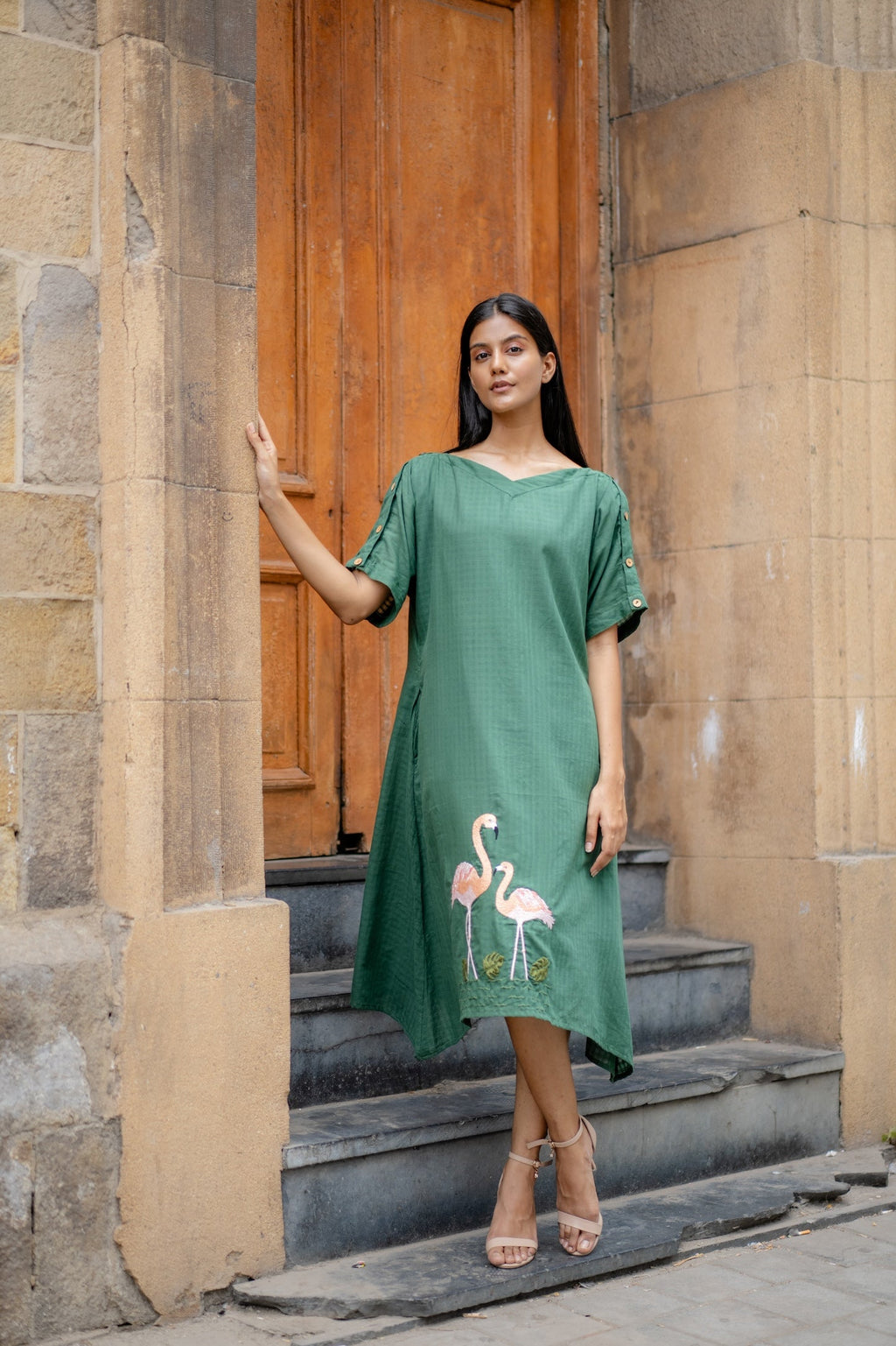 Green Hand-Embroidered A-Line Dress at Kamakhyaa by Krushnachuda. This item is Chilika by Krushnachuda, Embroidered, Green, Handloom Cotton, Loose Fit, Natural Dye, Organic, Outerwear, Under $200, Womenswear