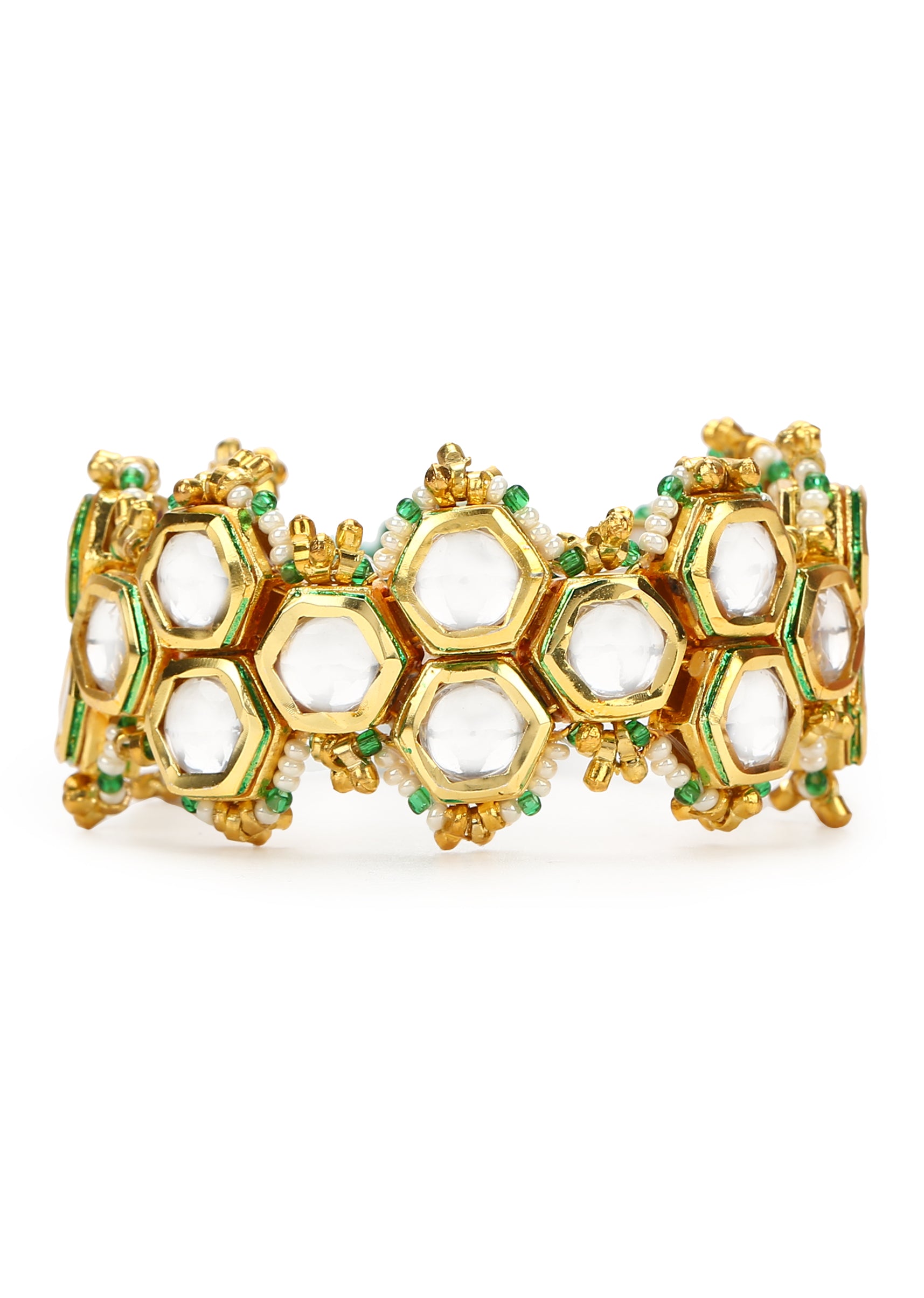 Green Honeycomb Pochi Bracelet at Kamakhyaa by House Of Heer. This item is Alloy Metal, Bracelets, Festive Wear, Free Size, jewelry, Multicolor, Natural, rakhis & lumbas, Textured