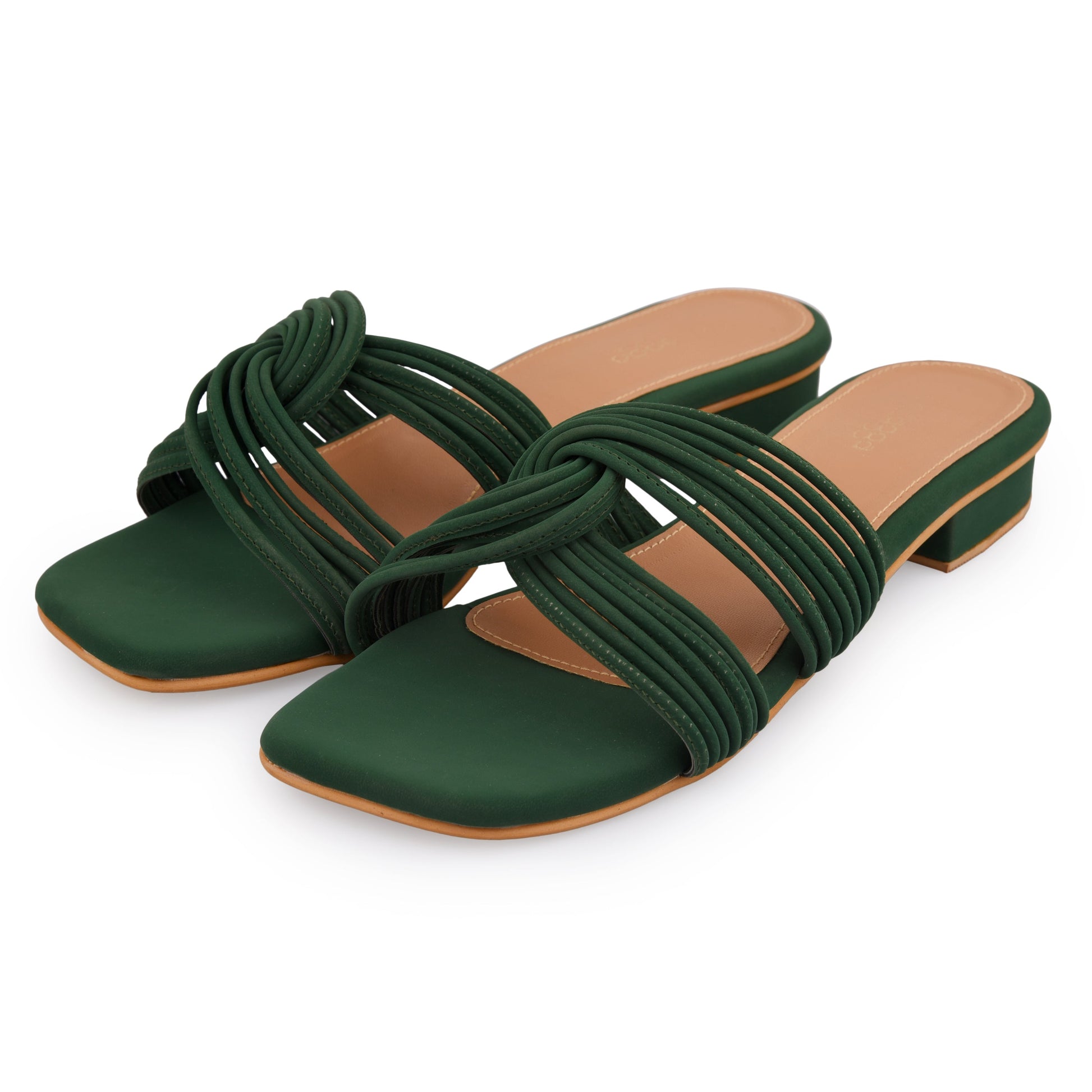 Green Interlock Heels at Kamakhyaa by EK_agga. This item is Brunch Wear, Brunch Wear Footwear, Date Night Fit, Evening Errands, Evening Special Footwear, Flats, Green, Not Priced, Open Toes Footwear, Patent leather, Regular Fit, Textured, Vegan