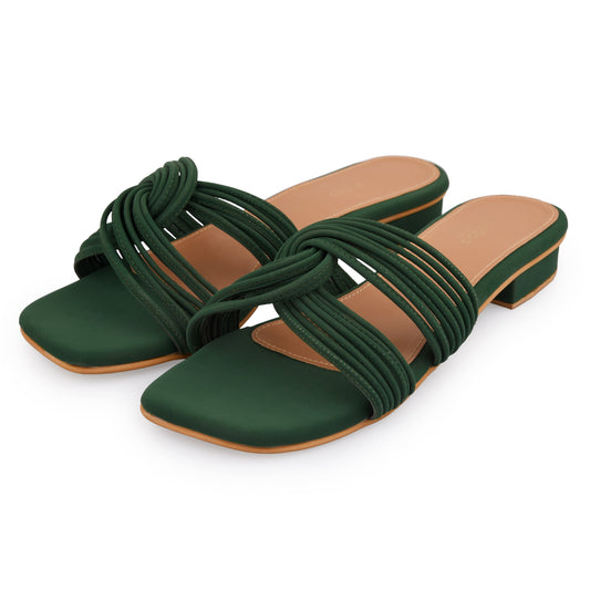 Green Interlock Heels at Kamakhyaa by EK_agga. This item is Brunch Wear, Brunch Wear Footwear, Date Night Fit, Evening Errands, Evening Special Footwear, Flats, Green, Not Priced, Open Toes Footwear, Patent leather, Regular Fit, Textured, Vegan