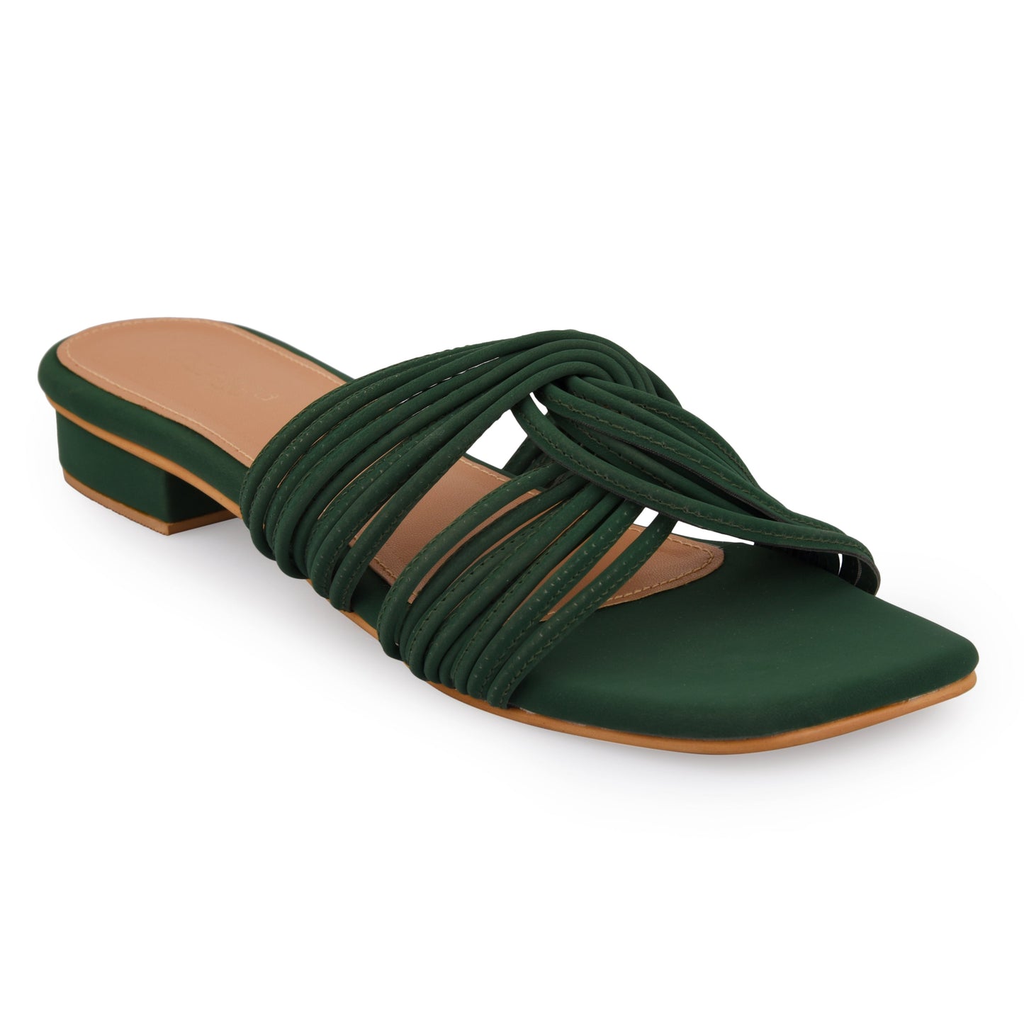 Green Interlock Heels at Kamakhyaa by EK_agga. This item is Brunch Wear, Brunch Wear Footwear, Date Night Fit, Evening Errands, Evening Special Footwear, Flats, Green, Not Priced, Open Toes Footwear, Patent leather, Regular Fit, Textured, Vegan