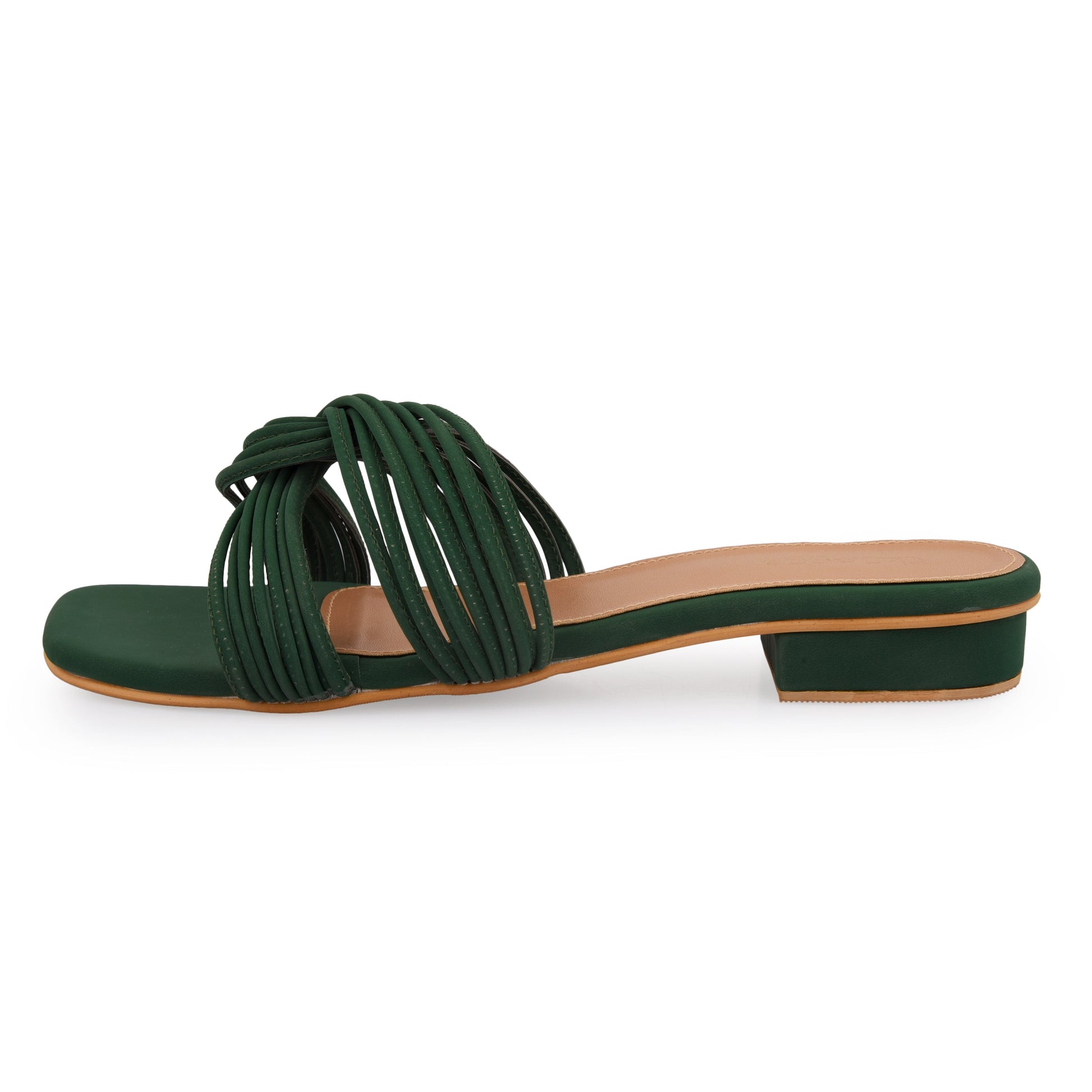 Green Interlock Heels at Kamakhyaa by EK_agga. This item is Brunch Wear, Brunch Wear Footwear, Date Night Fit, Evening Errands, Evening Special Footwear, Flats, Green, Not Priced, Open Toes Footwear, Patent leather, Regular Fit, Textured, Vegan