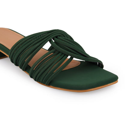 Green Interlock Heels at Kamakhyaa by EK_agga. This item is Brunch Wear, Brunch Wear Footwear, Date Night Fit, Evening Errands, Evening Special Footwear, Flats, Green, Not Priced, Open Toes Footwear, Patent leather, Regular Fit, Textured, Vegan