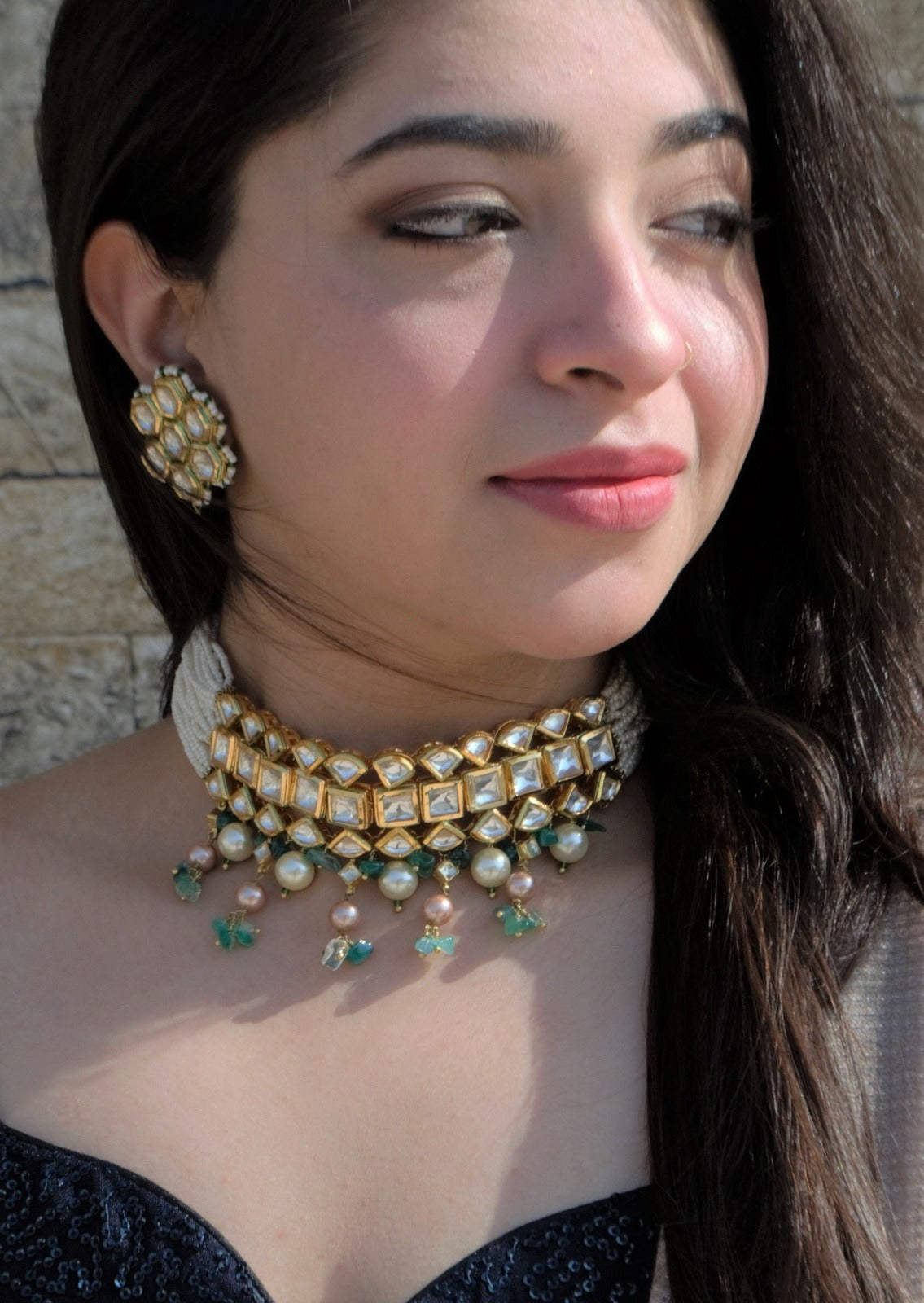 Green Necklace Kundankari Hasli at Kamakhyaa by House Of Heer. This item is Add Ons, Alloy Metal, Festive Jewellery, Festive Wear, Free Size, Green, jewelry, Jewelry Sets, July Sale, July Sale 2023, Natural, Necklaces, Pearl, Polkis, Textured