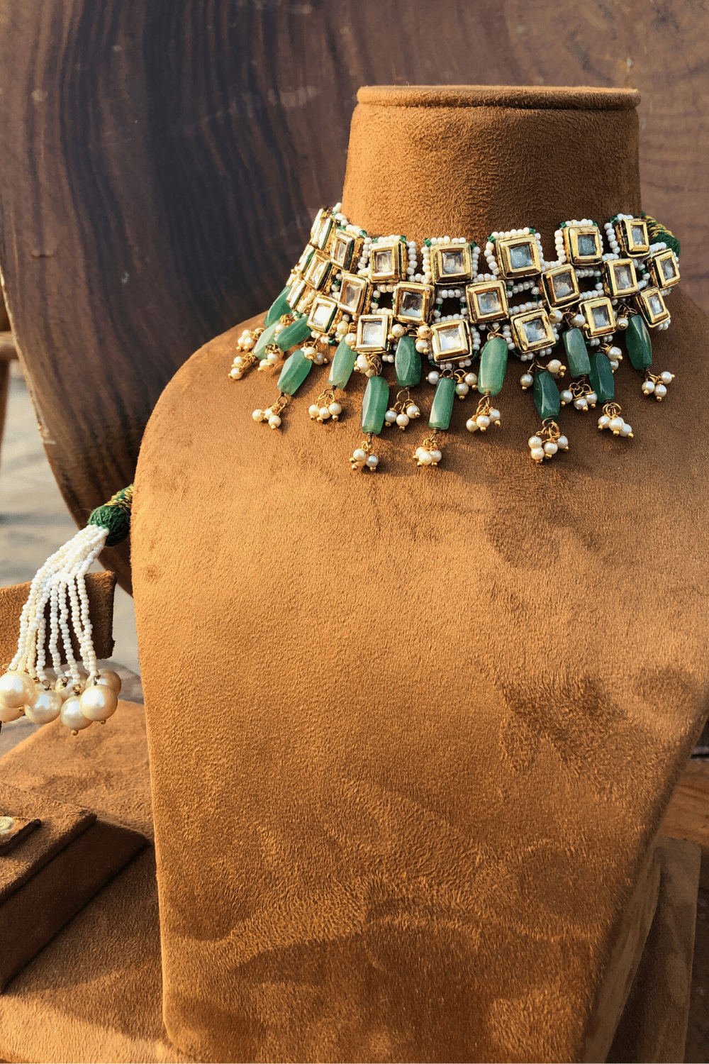 Green Necklace Set with Earring Square kundankari at Kamakhyaa by House Of Heer. This item is Add Ons, Alloy Metal, Festive Jewellery, Festive Wear, Free Size, Green, jewelry, Jewelry Sets, July Sale, July Sale 2023, Natural, Polkis, Textured