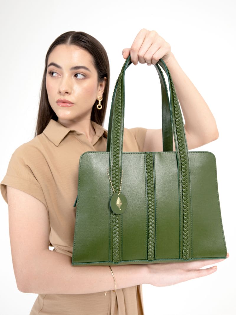 Green Office Wear Shoulder Bag at Kamakhyaa by Green Hermitage. This item is Cactus Leather, Free Size, Green, Hemp, Lyocell, Recycled, Shoulder Bags, Solids