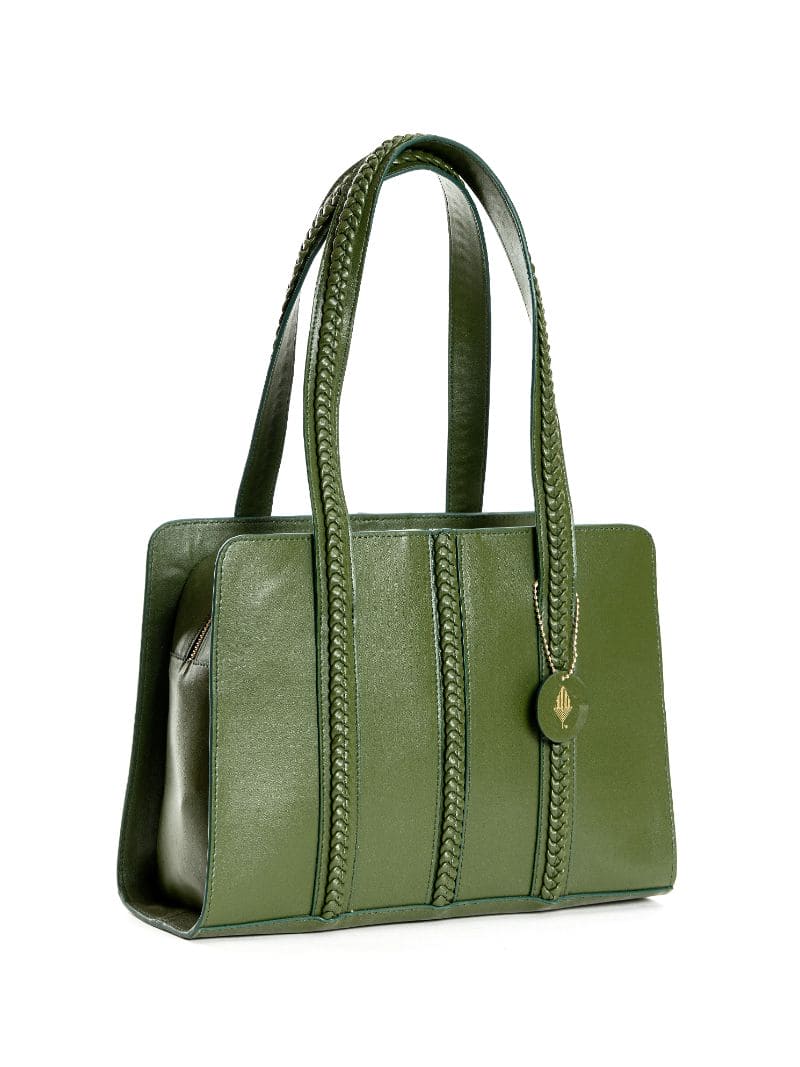 Green Office Wear Shoulder Bag at Kamakhyaa by Green Hermitage. This item is Cactus Leather, Free Size, Green, Hemp, Lyocell, Recycled, Shoulder Bags, Solids