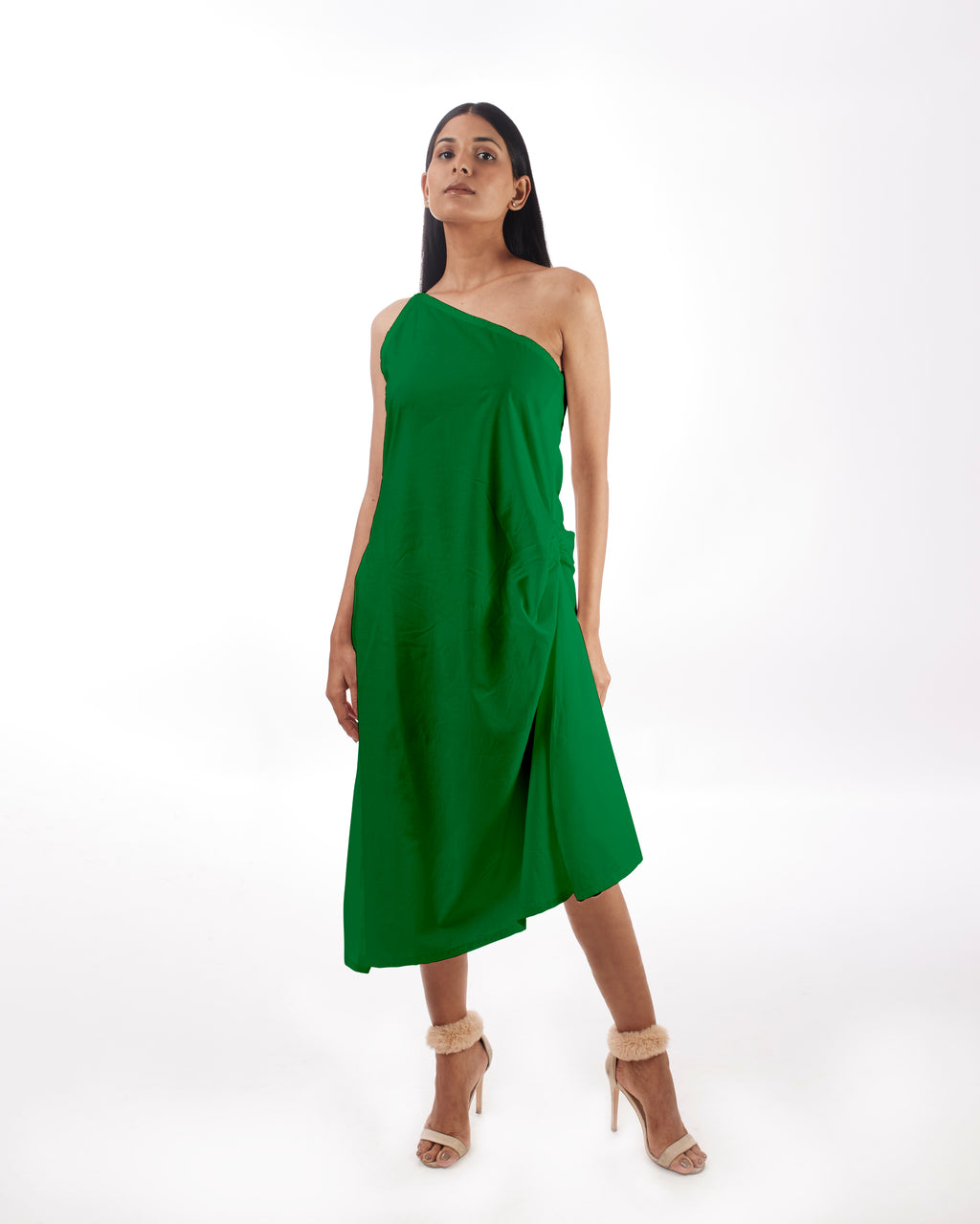 Green One Shoulder Dress at Kamakhyaa by Kamakhyaa. This item is 100% pure cotton, Evening Wear, FB ADS JUNE, Green, KKYSS, Natural, One Shoulder Dresses, Regular Fit, Solids, Summer Sutra, Womenswear