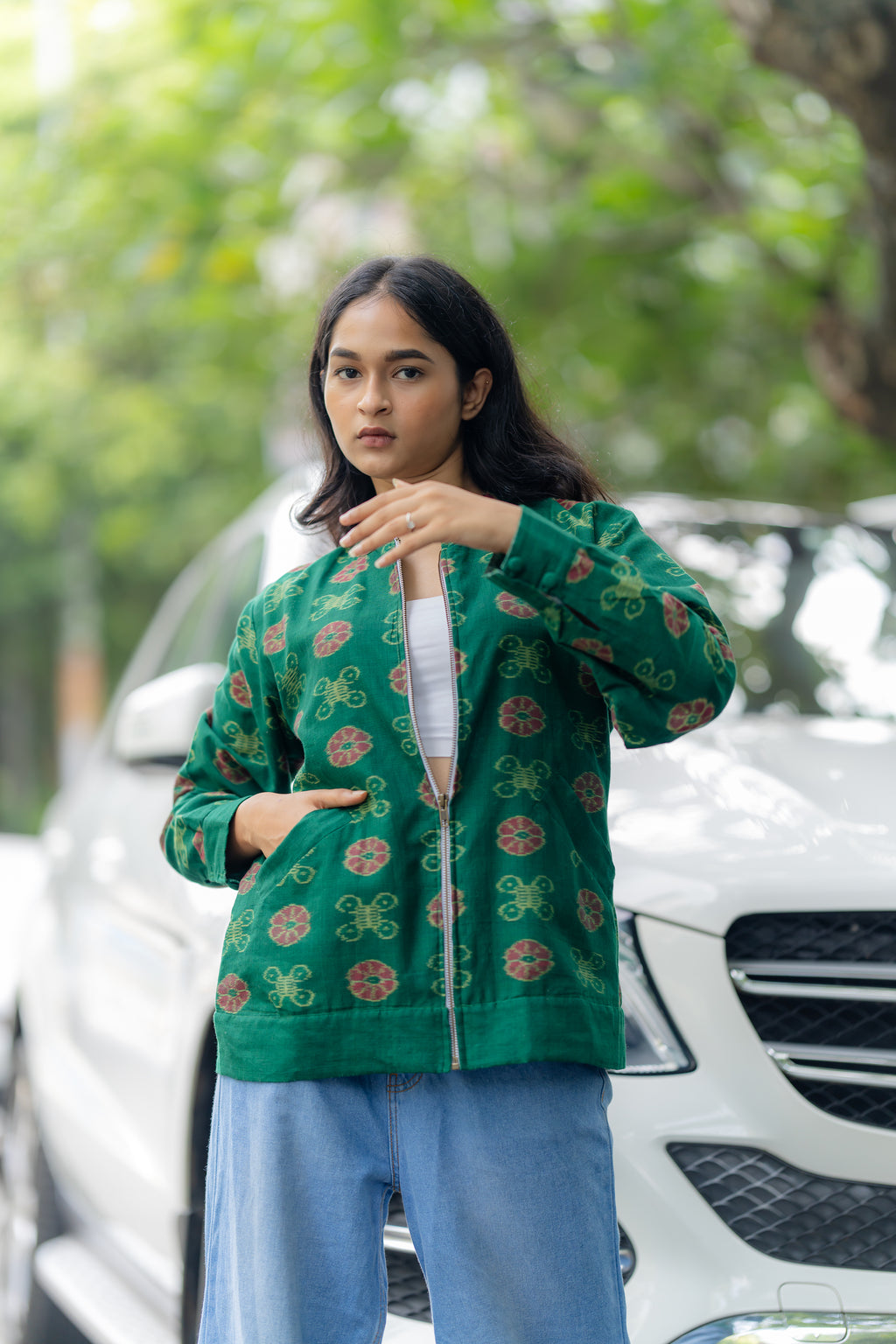 Green Organic Cotton Regular Fit Jacket at Kamakhyaa by Krushnachuda. This item is Green, Handloom Cotton, Ikat Print, Jackets, Natural Dye, Organic, Outer Wear, Regular Fit