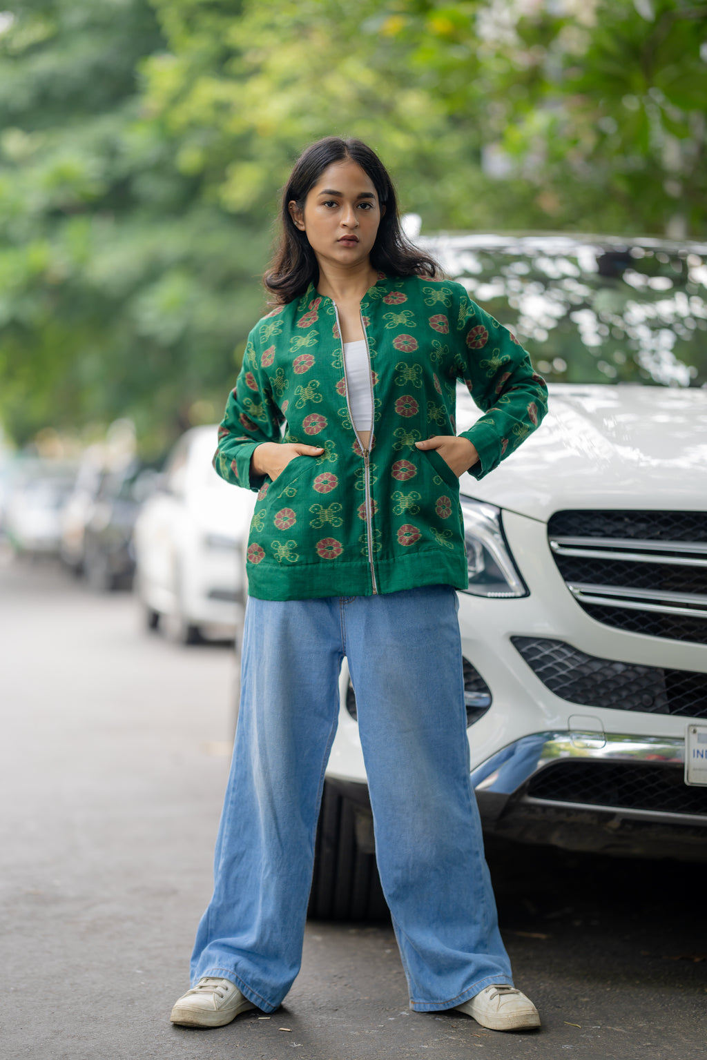 Green Organic Cotton Regular Fit Jacket at Kamakhyaa by Krushnachuda. This item is Green, Handloom Cotton, Ikat Print, Jackets, Natural Dye, Organic, Outer Wear, Regular Fit