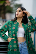 Green Organic Cotton Regular Fit Jacket at Kamakhyaa by Krushnachuda. This item is Green, Handloom Cotton, Ikat Print, Jackets, Natural Dye, Organic, Outer Wear, Regular Fit